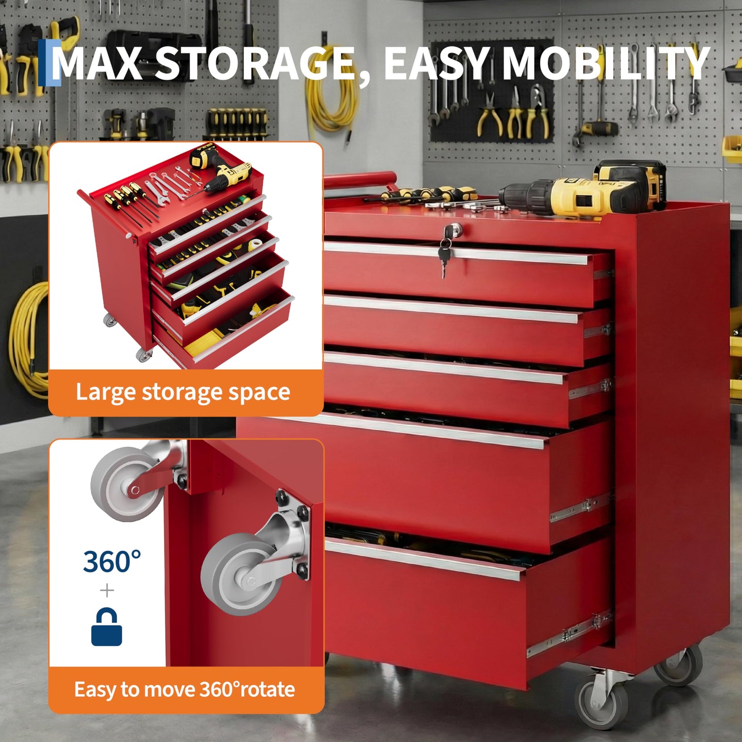 Rolling Tool Chest with Wheels, 5 Drawer Tool Storage Cabinet, Portable Toolbox Organizer with Lock, Heavy Duty Tool Chest Cart for Garage, Mechanic, Workshop, Shop, Mobile Tool Organizer, Red