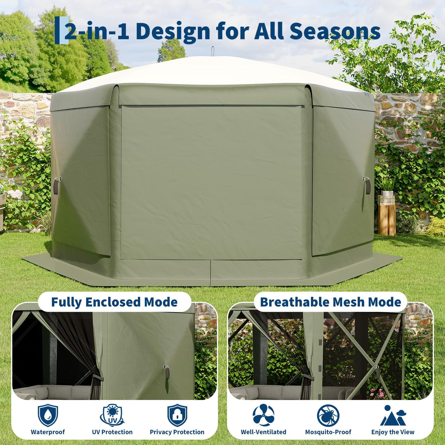 Garvee 13FT Pop-Up Gazebo 6-Sided, Outdoor Canopy Tent with Mosquito Netting & Removable Wind Cloths for Camping, Backyard Parties, Outdoor Events, Army Green