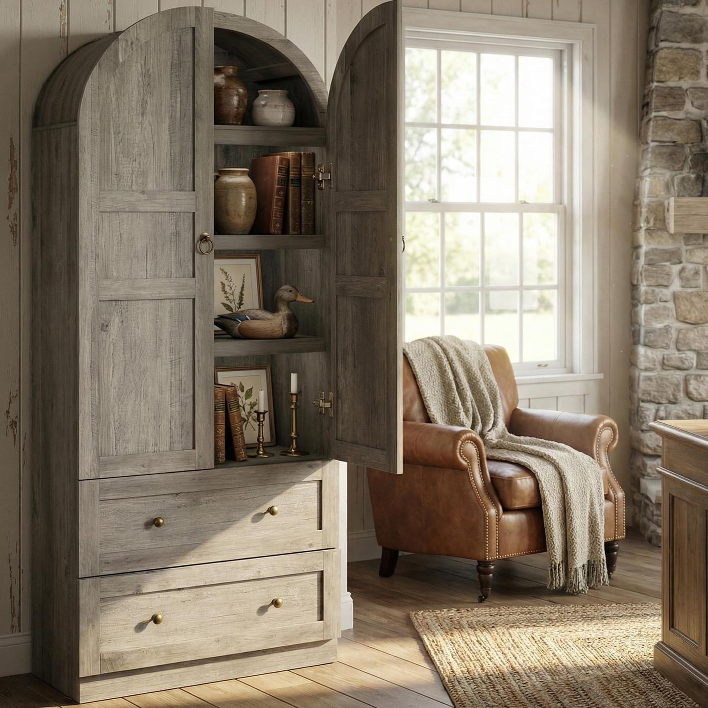 IDEALHOUSE 72" H Arched Kitchen Pantry with 2 Drawers, Farmhouse Wooden Tall Kitchen Storage Cabinet w/ 2 Doors & 3 Shelves, Versatile Freestanding Food Cupboard for Kitchen, Dining Room, Rustic Gray