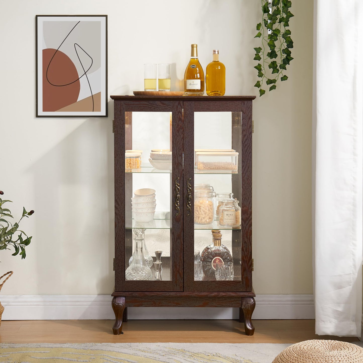 Ball & Cast Lighted Curio Cabinet with 2 Doors,3-Tier Glass Display Cabinet with Adjustable Glass Shelves and Mirrored Back Panel for Living Room,Light Bulb Included, Cherry