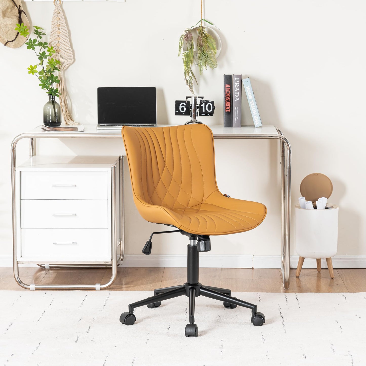 YOUNIKE Office Chair, Armless Desk Chair with Wheels, Adjustable Swivel Home Office Computer Task Chairs, Modern Faux Leather Upholstered Vanity Chair with Back, Saffron Tan
