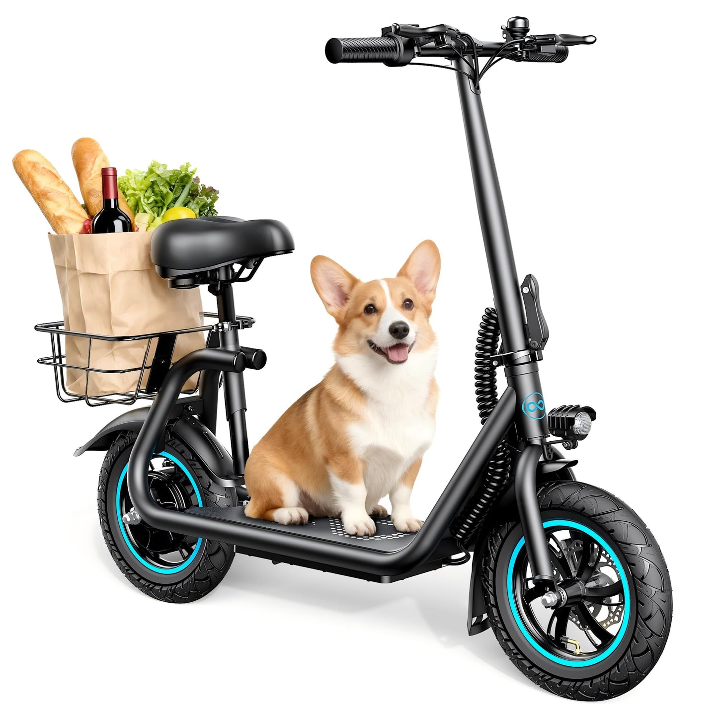 AWWSCOOTER C1 Electric Scooter with Seat for Adults, 450W Motor, 20-Mile Range, 16 MPH, Foldable Commuter E-Scooter with Basket for Grocery, Pets, and Daily Commute–Professional Black