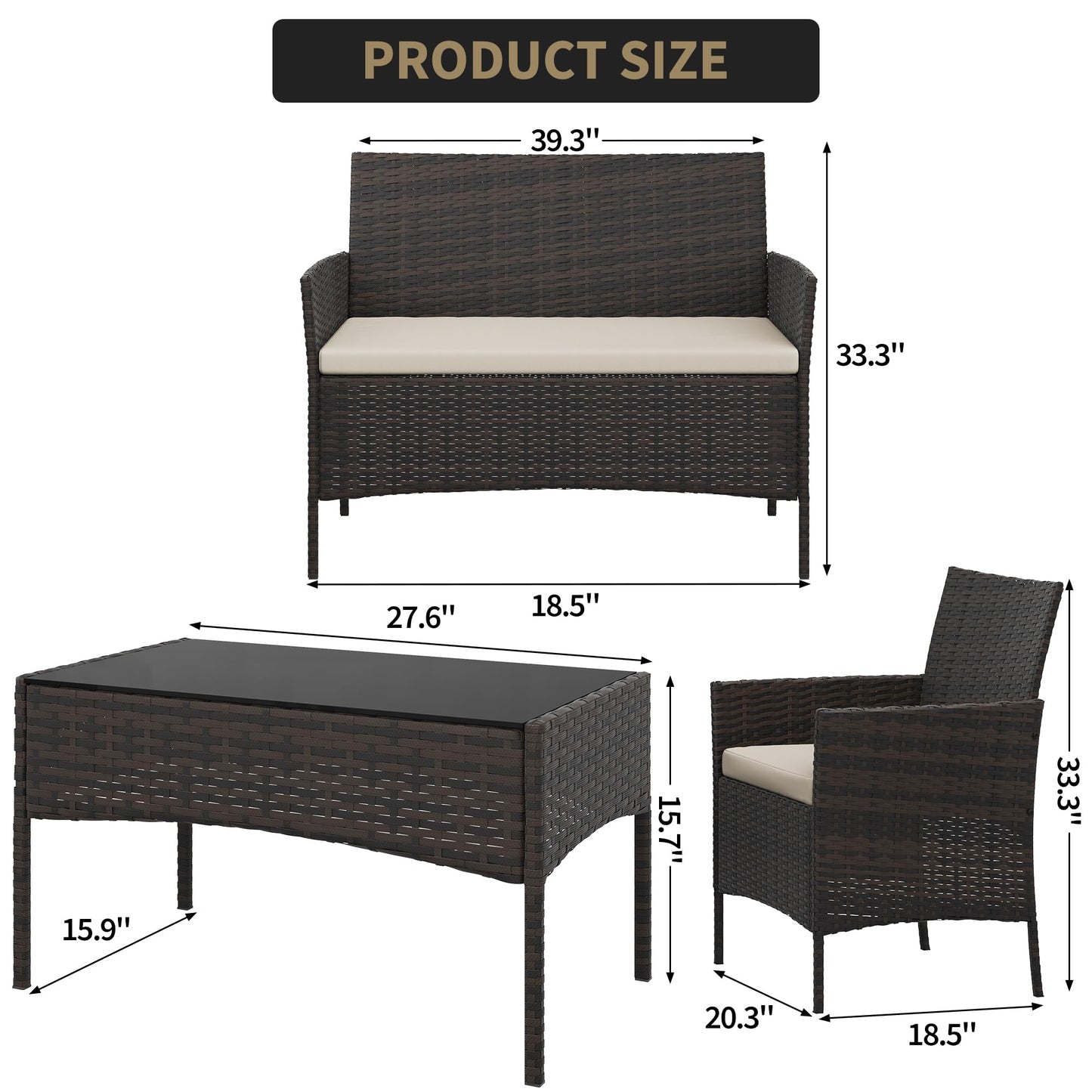 4-Piece Patio Furniture Set, Outdoor Wicker Conversation Set with Tempered Glass Coffee Table, Heavy Duty PE Rattan Sectional Sofa & Washable Cushions for Backyard, Deck, Poolside (Black Rattan/Beige)