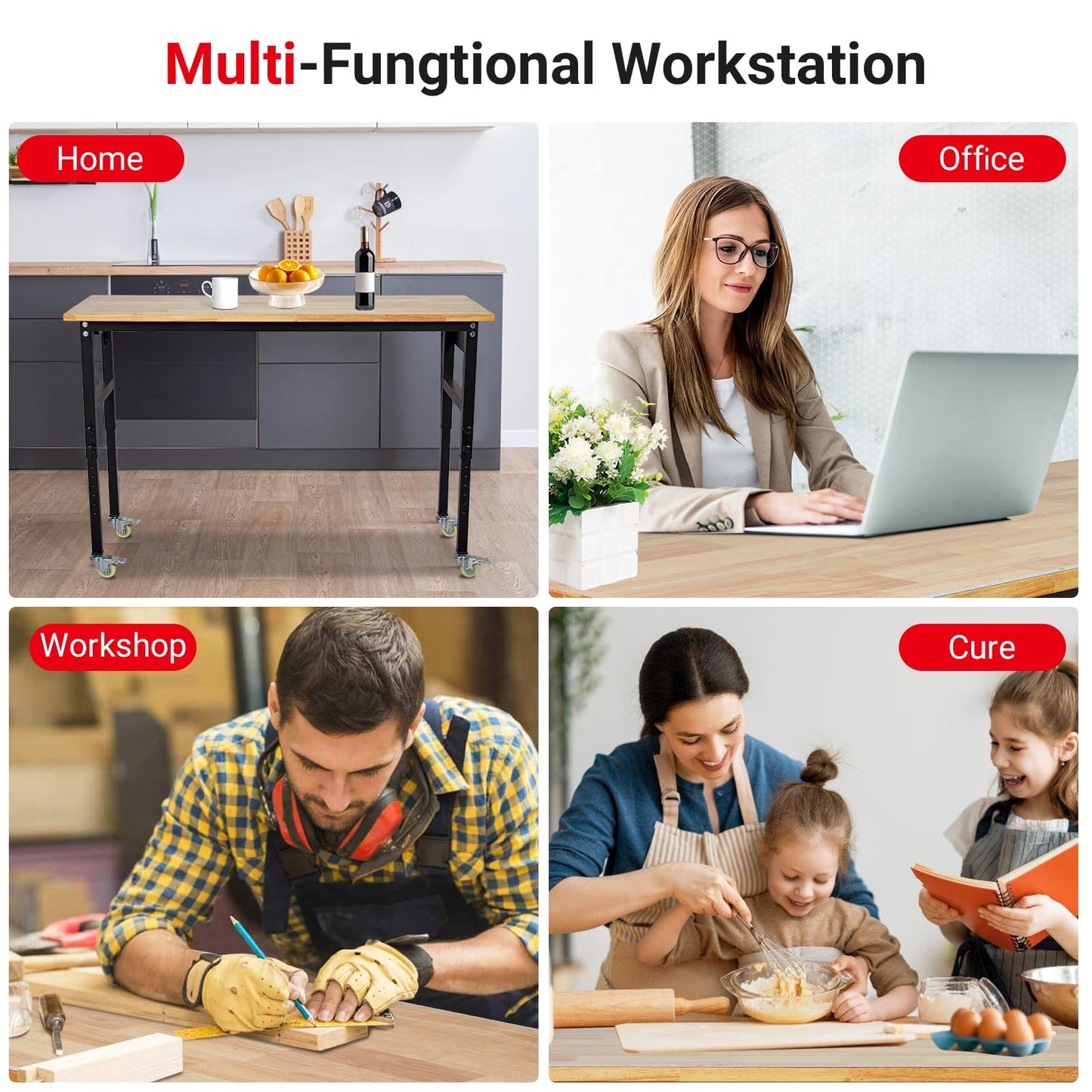48" x 24" Work Bench with Scales, 2200 LBS Load Capacity Adjustable Workbench with Peg Board, Wheels, 8 Adjustable Heights Heavy Duty Work Table for Garage, Workshop, Home, Office