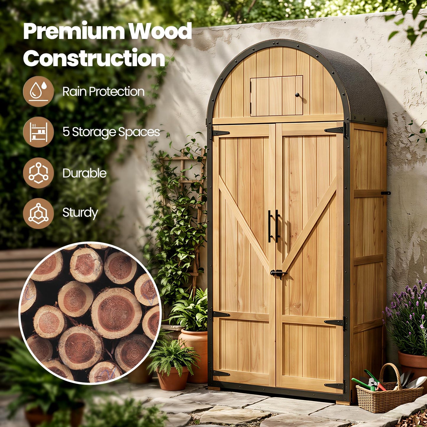 NORTHSKY All-in-One Shed Outdoor Storage, Waterproof Lockable Vertical Garden Shed Tool Cabinet, Solid Wood Storage Shed with Metal Frame & Domed Roof for Patio Backyard Garden Lawn Tool Equipment