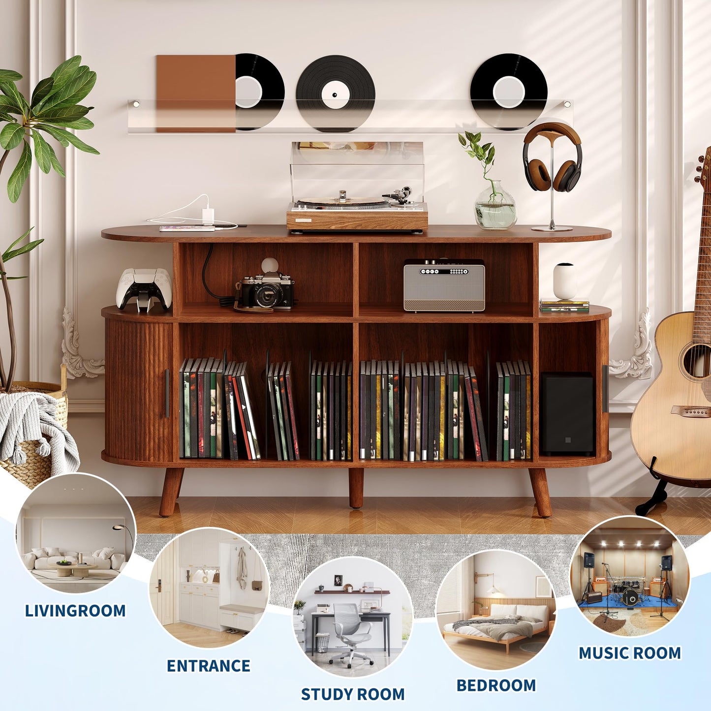 IDEALHOUSE 55" Large Record Player Stand with Vinyl Storage – Round Mid-Century Record Player Table Rustic Turntable Stand with Open Display Shelves, Charging Station, Media Cabinet for Office & Home