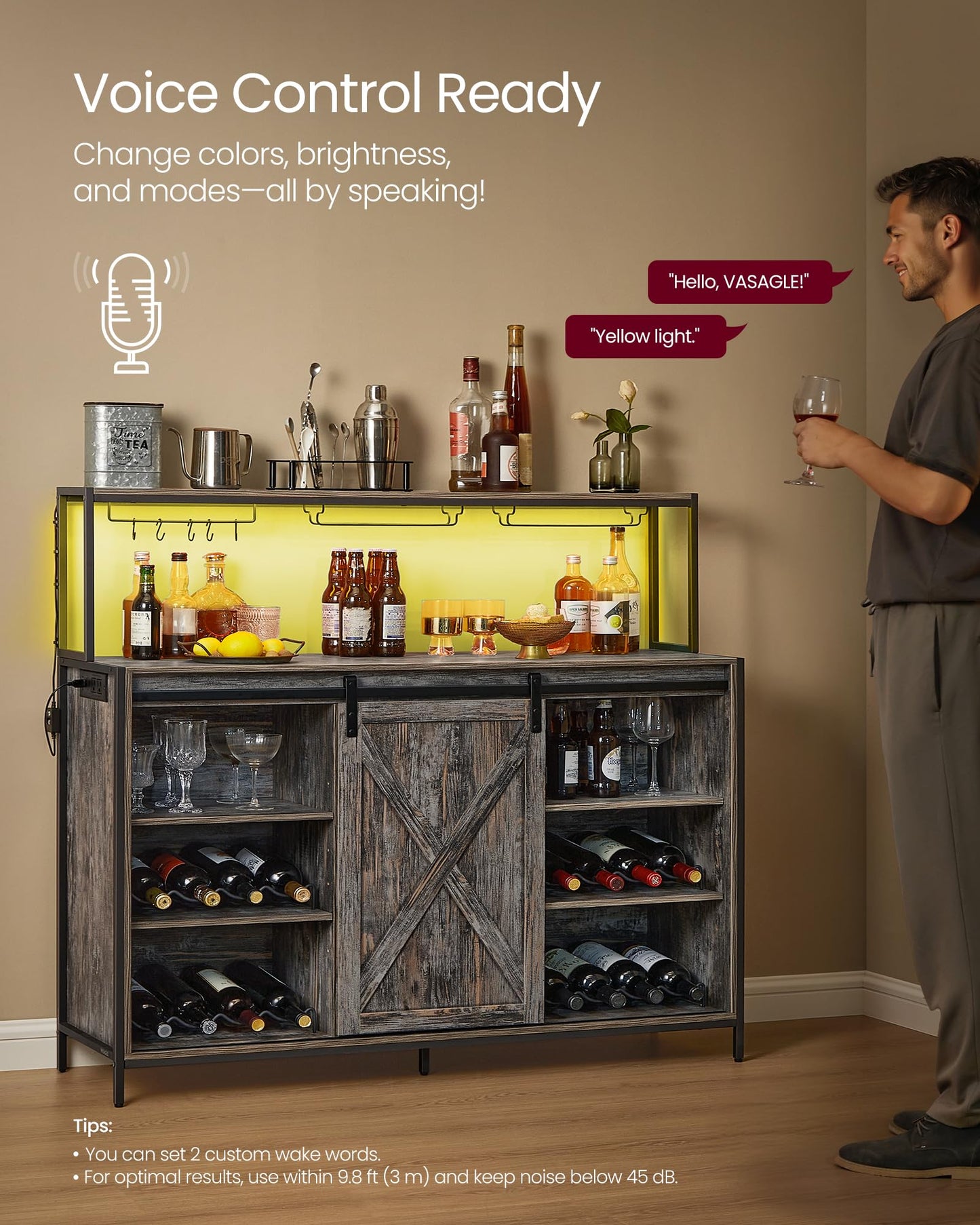 VASAGLE Coffee Bar Cabinet with Power Outlet and Voice Control LED Light, Buffet Cabinet with Sliding Barn Doors, S Hooks, Wine Glass Racks, Bottle Holders, Maple Gray ULSC201G01