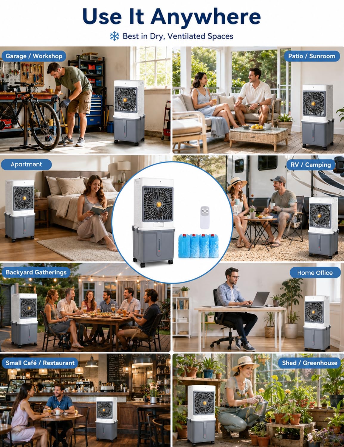 Swamp Cooler, Portable Air Conditioners Evaporative Air Cooler with 10GAL Detachable Tank, Windowless AC Unit Cooling Fan That Blow Cold Air with 120° Swing, 3 Speeds, Timer for Garage Patio Workshop