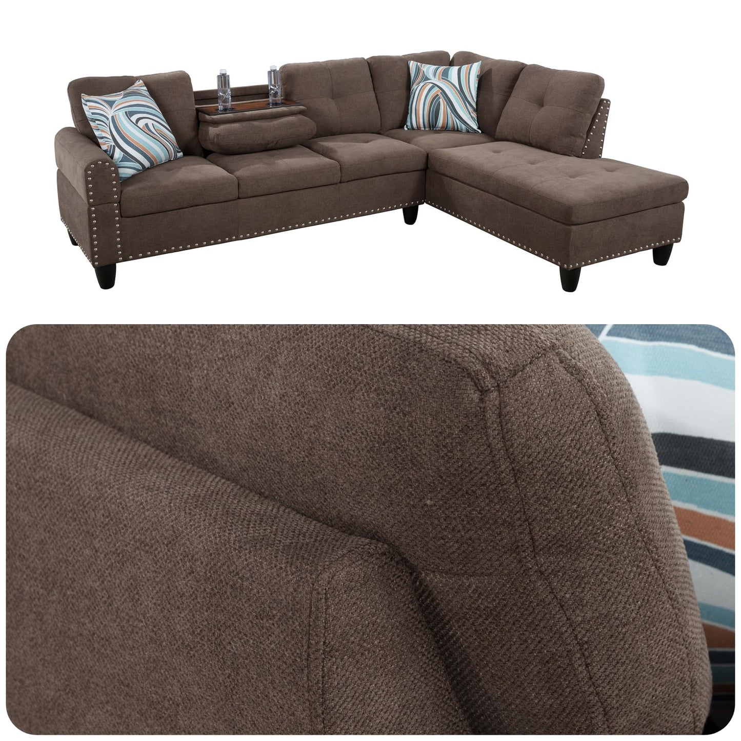 Trygoal L-Shaped Sectional Sofa with Cup Holder, 97 Inch Living Room Set with Chaise, Sectional Couches with Nailhead Trim, for Living Room, Apartment, Study, Brown