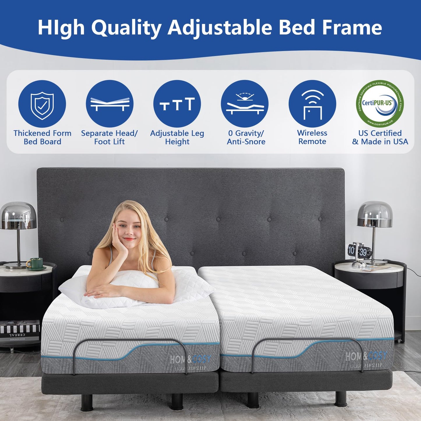 Queen Adjustable Bed Base with Mattress, 14 Inch Gel Memory Foam Two-Side Medium-Firm/Firm Mattress in Box, Updated Adjustable Bed Frame with Thickened Foam Frame, Wireless Remote, Electric Smart Bed
