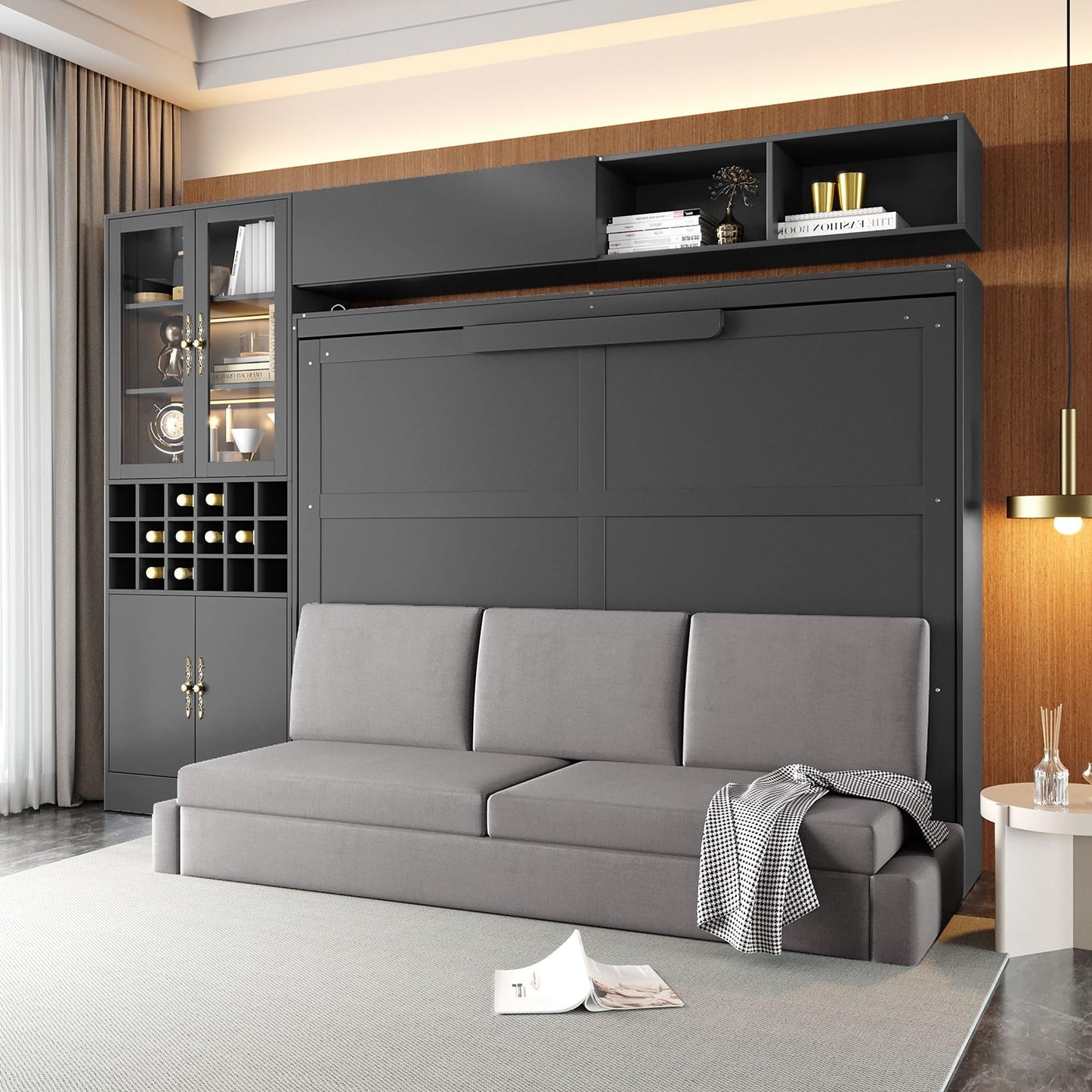 Merax Queen Size Murphy Bed Wall Bed with Sofa, Shelves, USB & Light - Space Saving Foldable Bed for Small Apartments, Grey