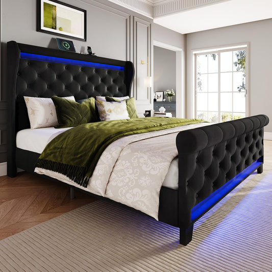 Belffin Queen Size Bed Frame with Headboard,50" Tall Headboard Upholstered Velvet Platform Bed with LED Lights & 2 USB Port/1 Type C Port, Button Tufted, No Box Spring Needed,Noise Free,Black