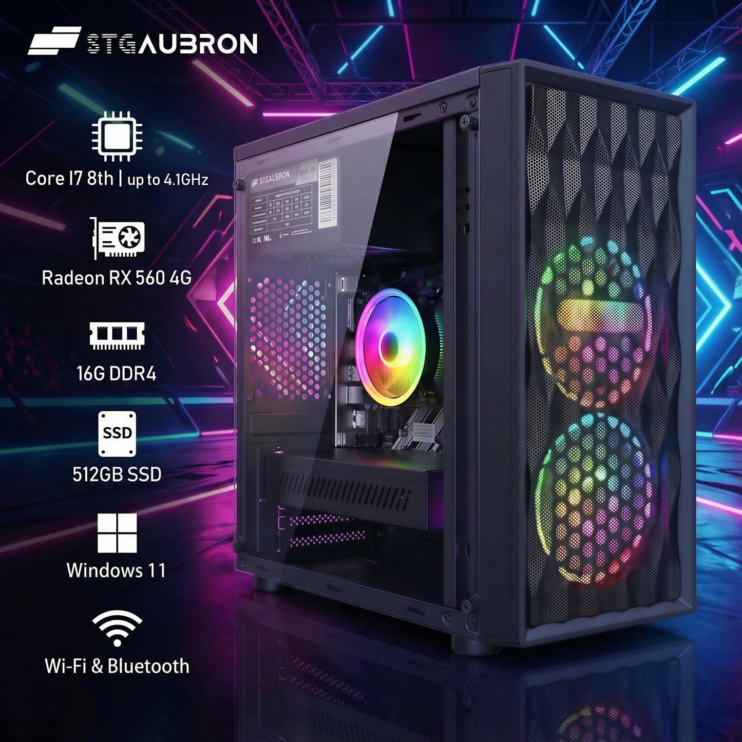 STGAubron Gaming PC Computer Desktop, Radeon RX 560 4G, Intel Core I7 8th up to 4.1GHz, 16G DDR4, 512G SSD, WiFi 6 & BT 5.2, RGB Fan x2, Windows 11 Home