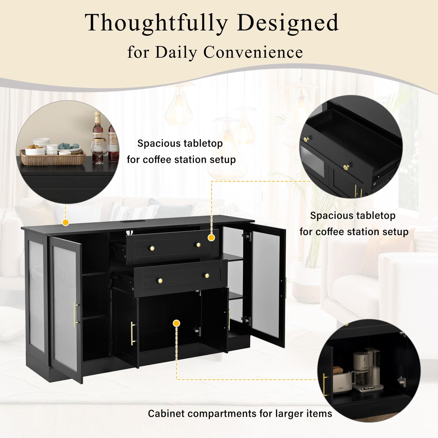 GDFStudio 51" Modern Storage Cabinet with Doors & Drawer, Large Buffet Sideboard Cabinet with Adjustable Shelves, Farmhouse Credenza Console Table Coffee Bar for Living Room Dining Room Kitchen, Black