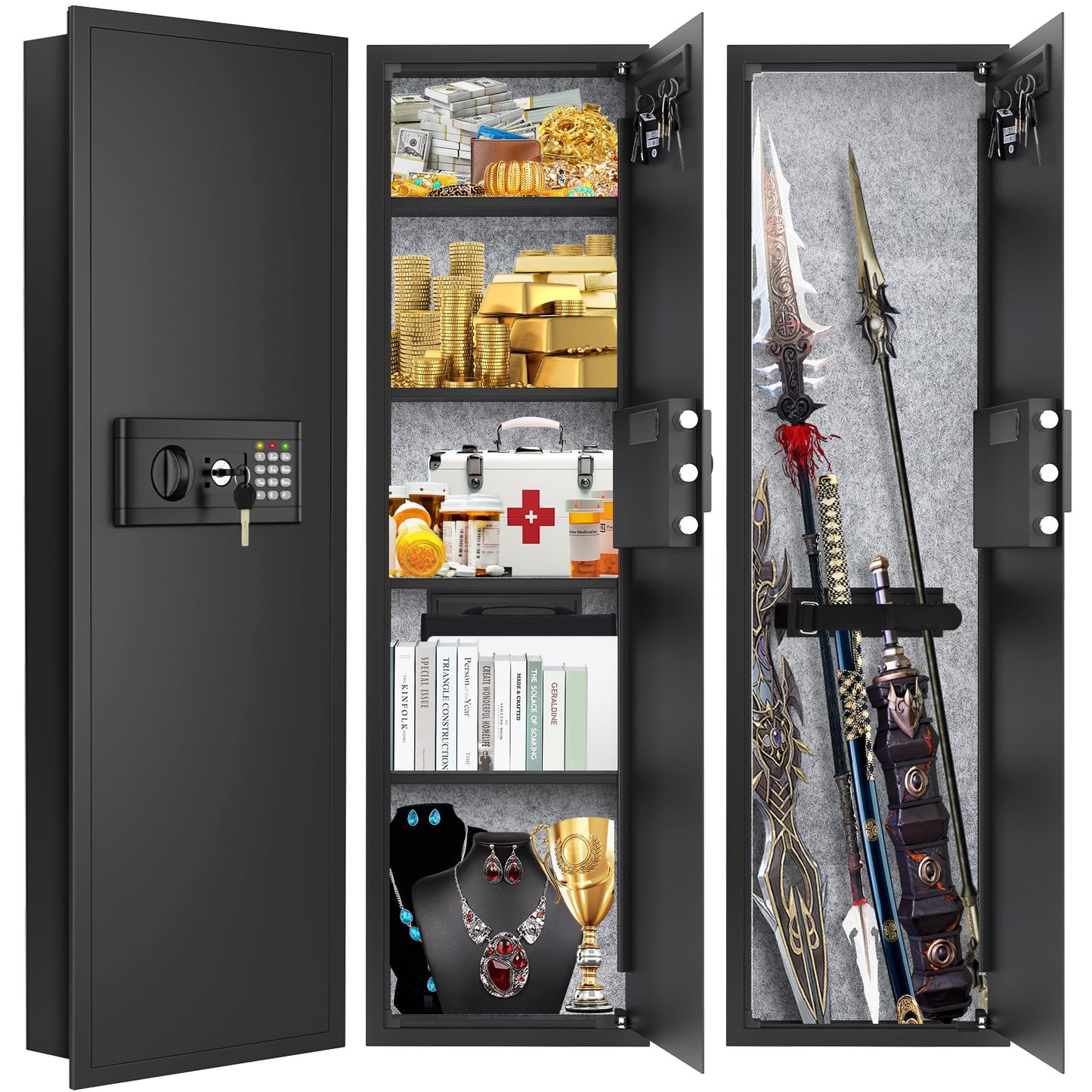 47.3" Tall Fireproof Wall Safes Between the Studs 16" Centers, Large Hidden Flush Wall Safe with 4 Removable Shelf & 6 Key Hooks, 48LB Heavy Duty In Wall Safe for Home, Money, Jewelry, Valuables