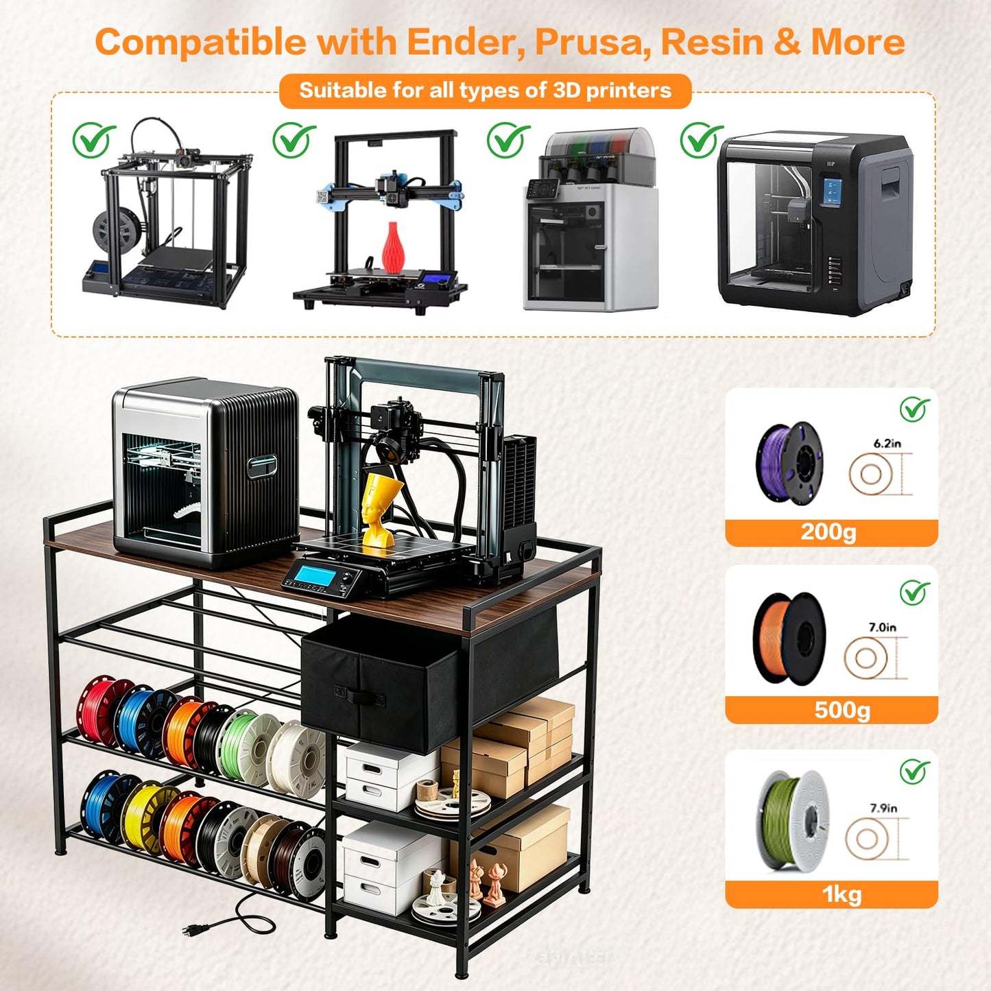 3D Printer Stand with Filament Storage Rack, Heavy Duty Metal Frame Workstation, 3-Tier 3D Printer Table with Tool Shelf for Stable Printing, Home Office Workshop Garage