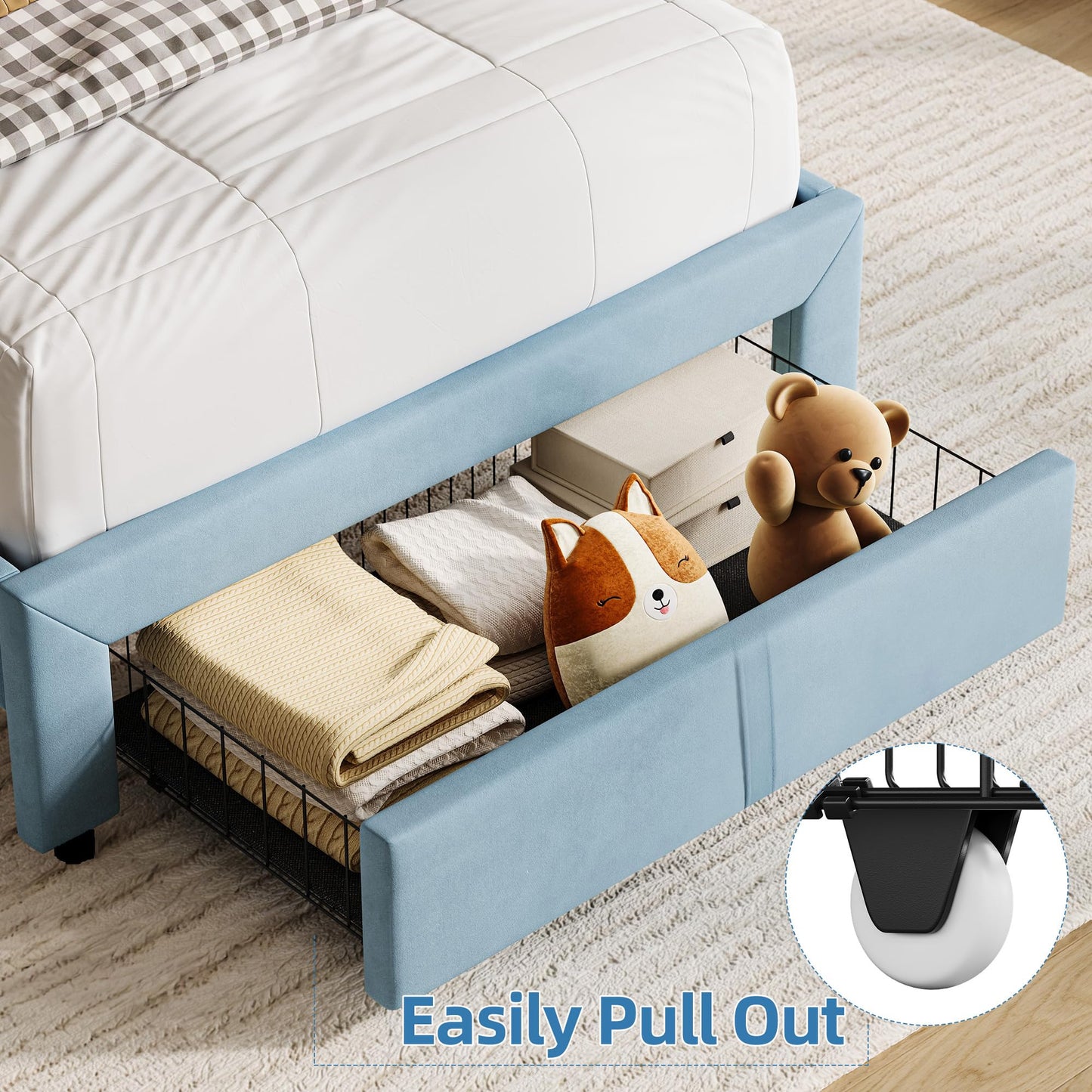 IDEALHOUSE Twin Bed Frame for Kids, Upholstered Platform Bed with Large Storage Drawer and Bookcase Headboard, Boys Bed, Noise-Free, Easy Assembly, No Box Spring Needed, Blue