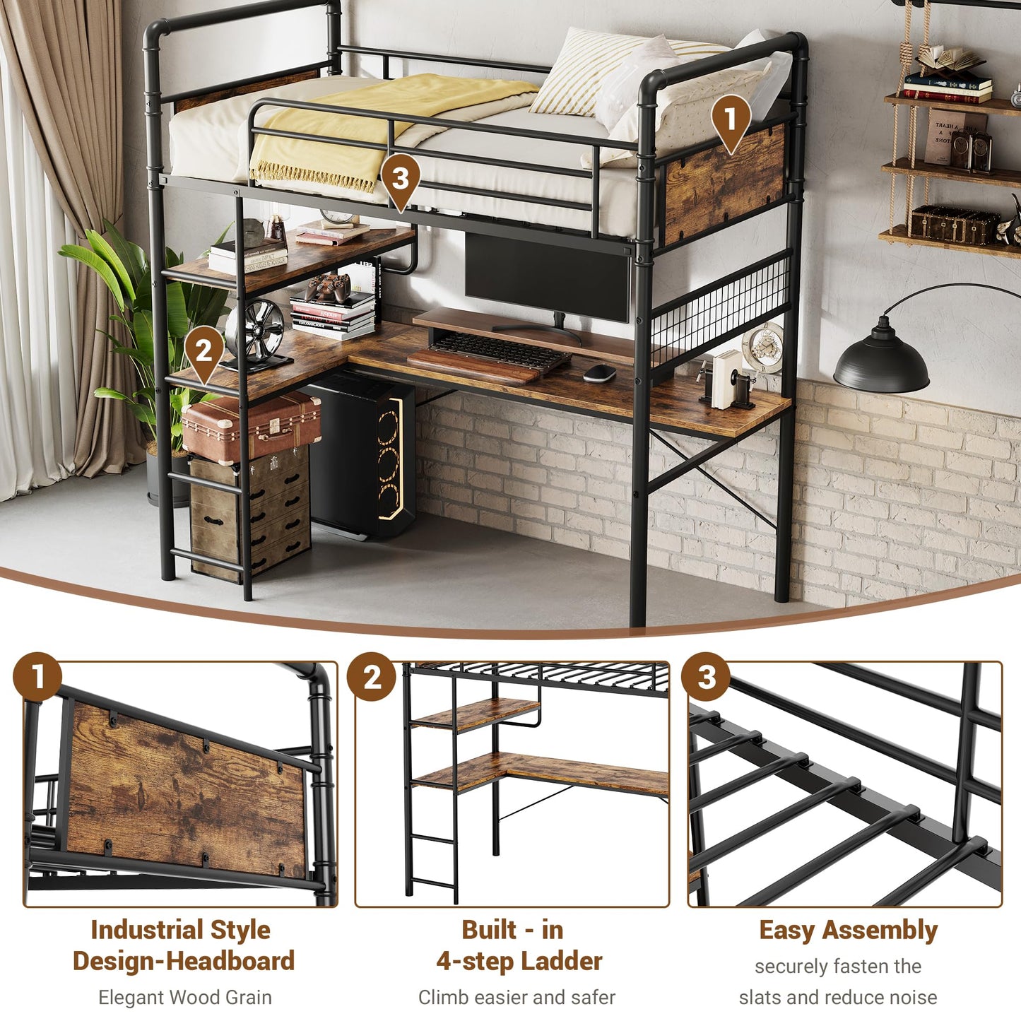 GarveeHome Loft Bunk Bed with L-Shaped Desk, Twin Loft Bed with Desk Underneath, Metal Bunk Beds with High Guardrail and Ladder for Kids/Teens/Adults, Easy Assembly, Vintage Brown