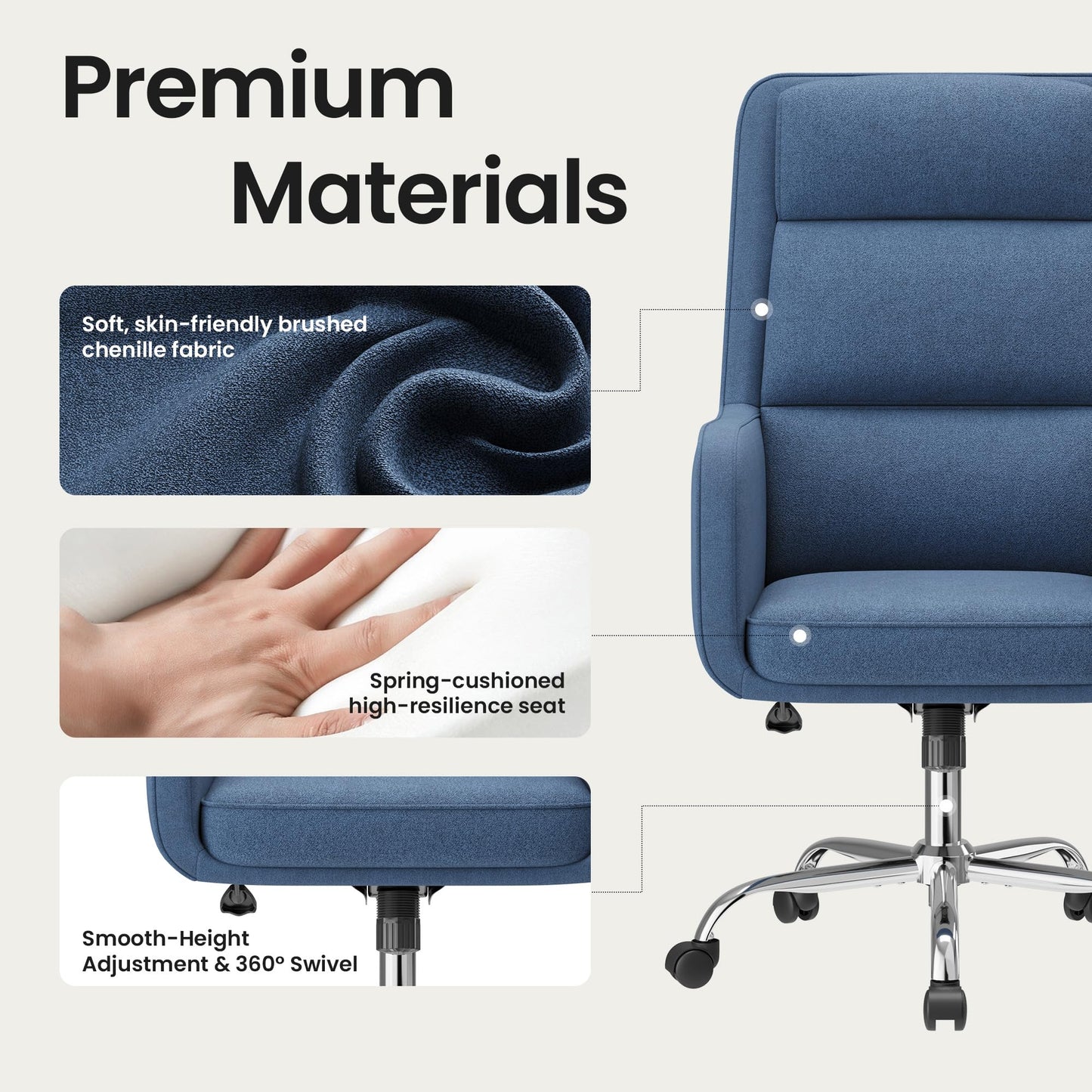 COLAMY Cocoon Modern Executive High Back Home Office Chair, Upholstered Desk Chair with Wheels, Vanity Chair with Head and Lumbar Support, Armrest (Blue)