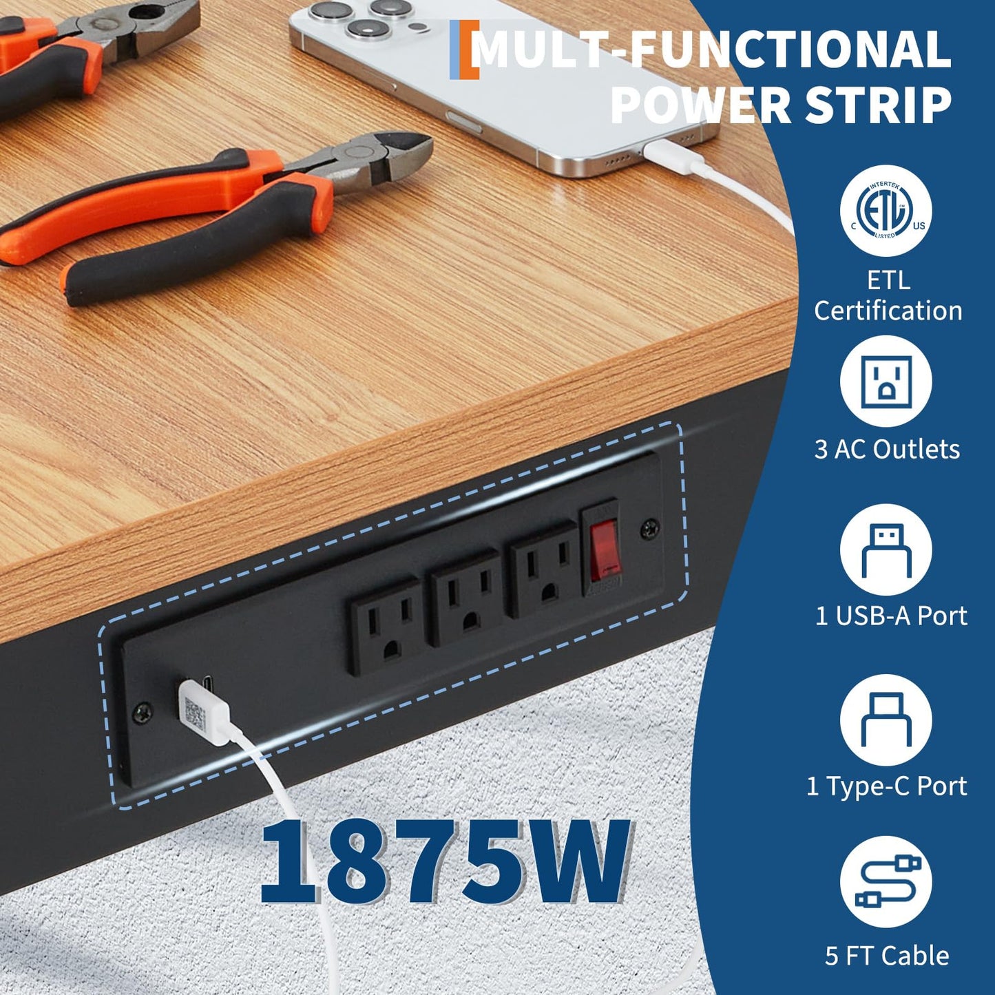 72" Adjustable Workbench for Garage 2500LB Cap Rubberwood Top Power Strip