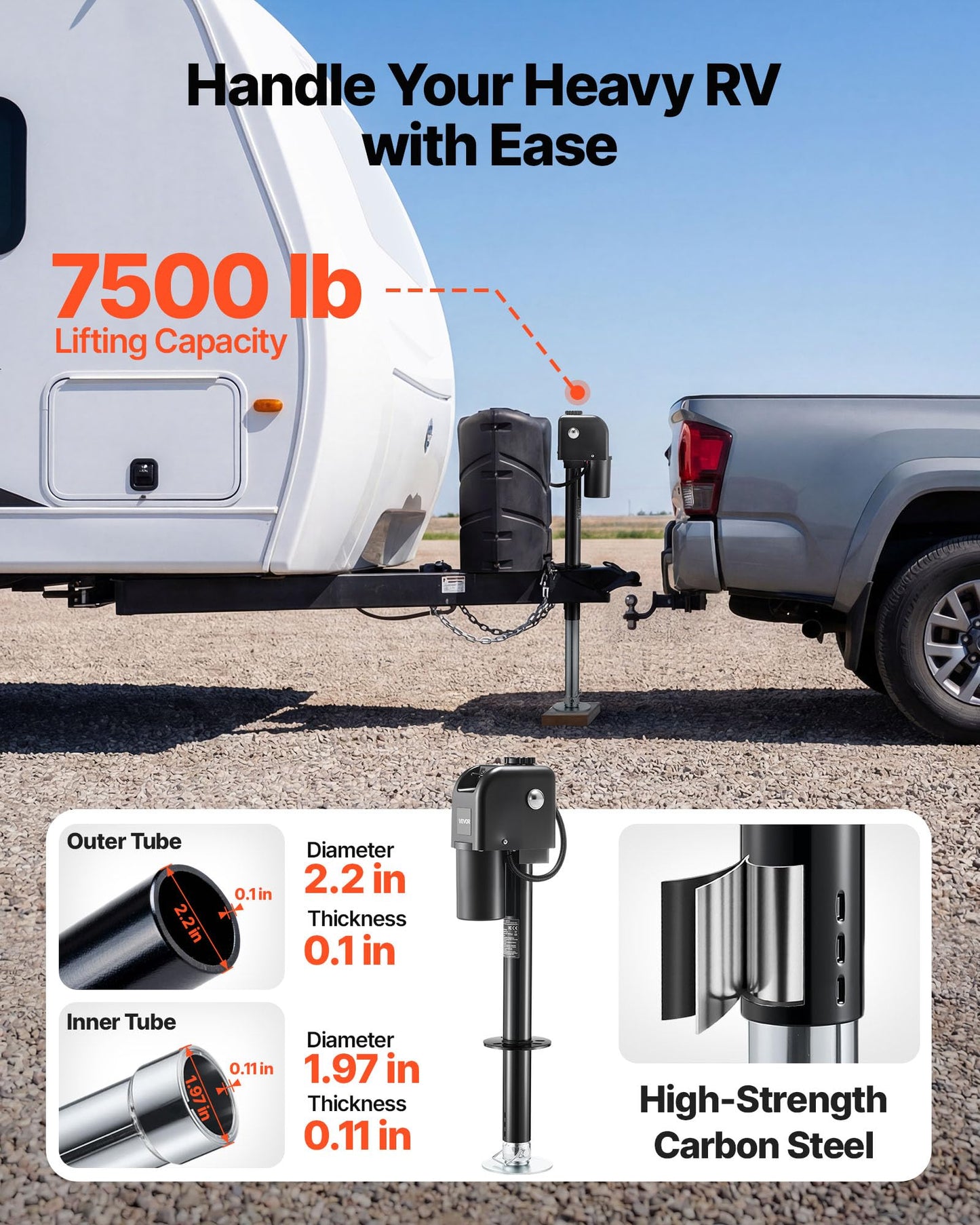VEVOR Electric Trailer Jack, 7500 lbs Capacity, Electric Power Tongue Jack with Waterproof Protective Cover & LED Light for Travel Trailer, Camper, RV, 9.84-33.85 in Lift, 12V DC with Wiring, Black