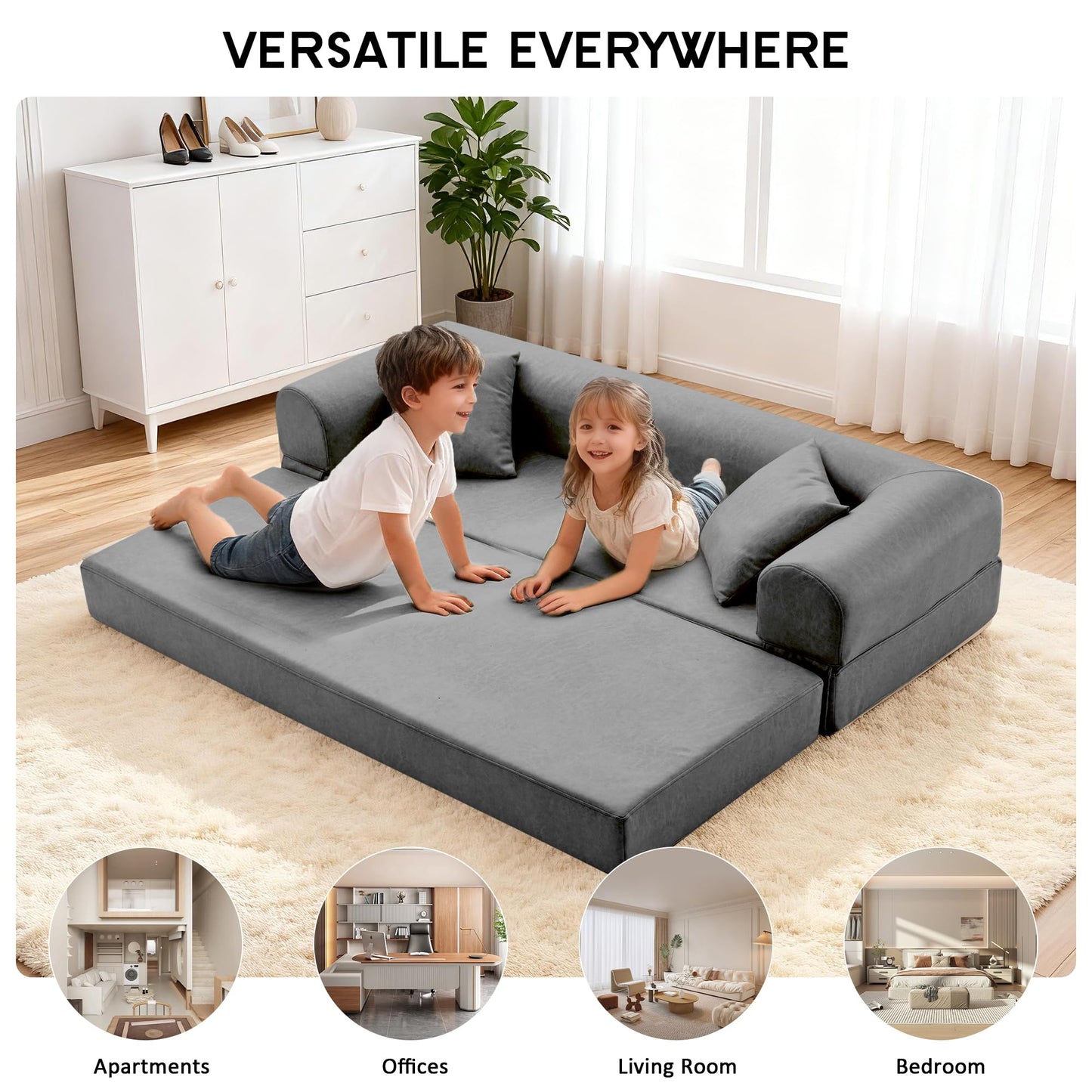 78.5" Convertible Sleeper Sofa Bed, Faux Leather Deep Seat Folding Floor Sofa with Pullout Bed & 2 Pillows, No Assembly Modern Boneless Couch Compression Sofa in Box for Living Room, Office, Gray