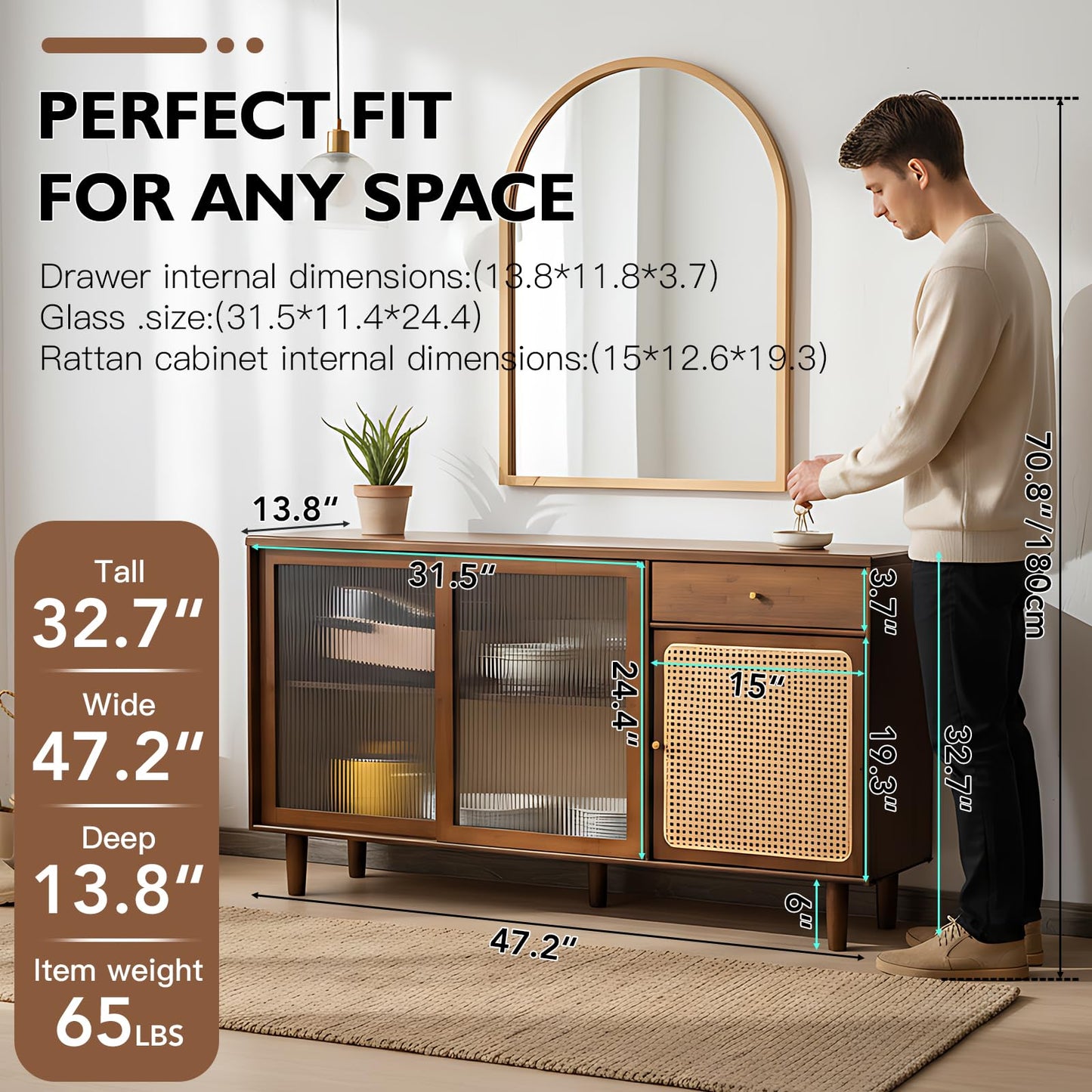 Tiita Bamboo Sideboard Buffet Cabinet, Rattan Kitchen Storage Cabinet with Drawer, Boho Coffee Bar Tables for Kitchen Hallway Office, Walnut