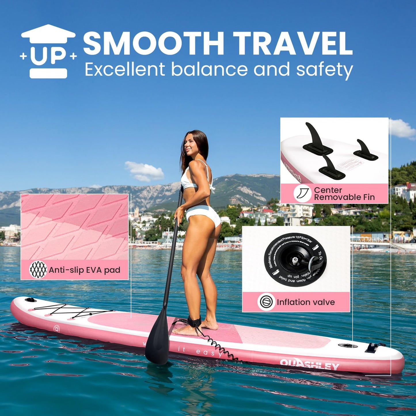 Quashley Inflatable Stand Up Paddle Board, Extra Wide 34" Sup Board for All Skill Levels with Accessories, Stable Paddleboards for Youth & Adults Lightweight SUP Boards Pink Color