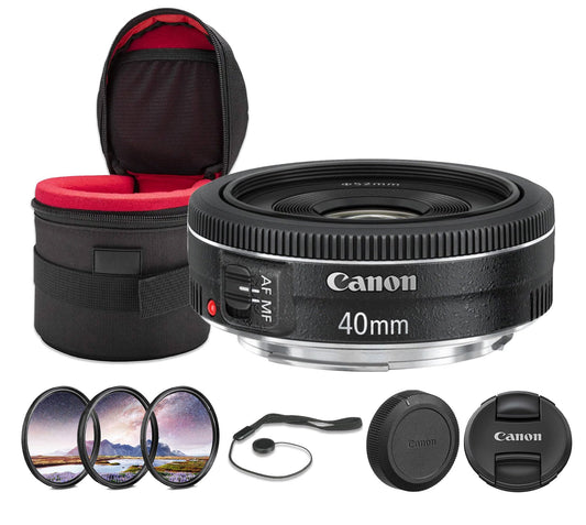 Canon EF 40mm f/2.8 STM Lens Bundle | Ultra-Compact Pancake Prime with Bright f/2.8 Aperture & Smooth STM Autofocus | Great for Travel & Street Photos (6310B002) + Filter Kit + Case + More