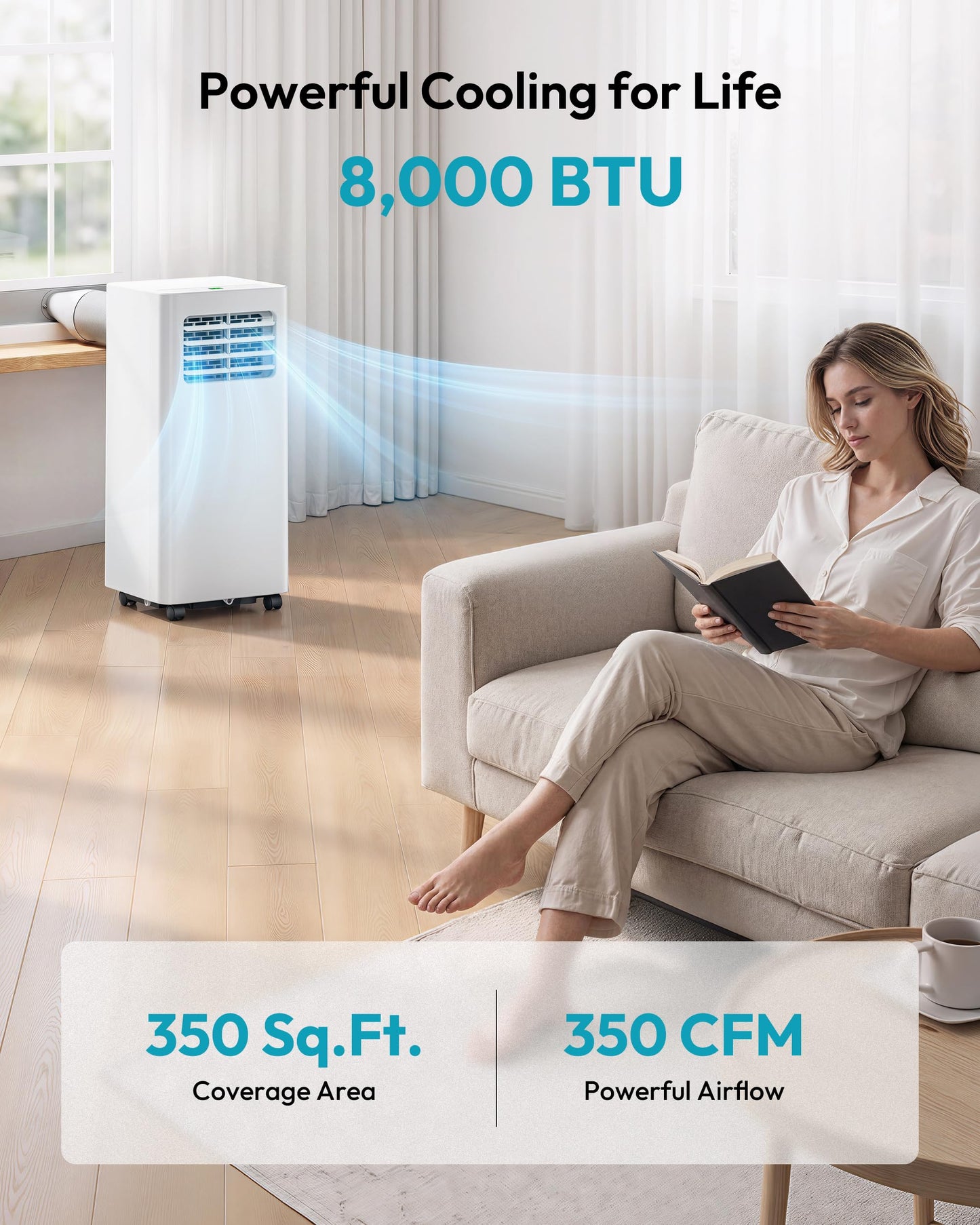 EUHOMY 8,000 BTU Portable Air Conditioners, 4-in-1 Air Conditioner Portable Up to 350 Sq.Ft., Portable AC Unit with Cool, Fan, Dehumidifier, Sleep, 24H Timer, Remote & Installation Kit, for Bedroom