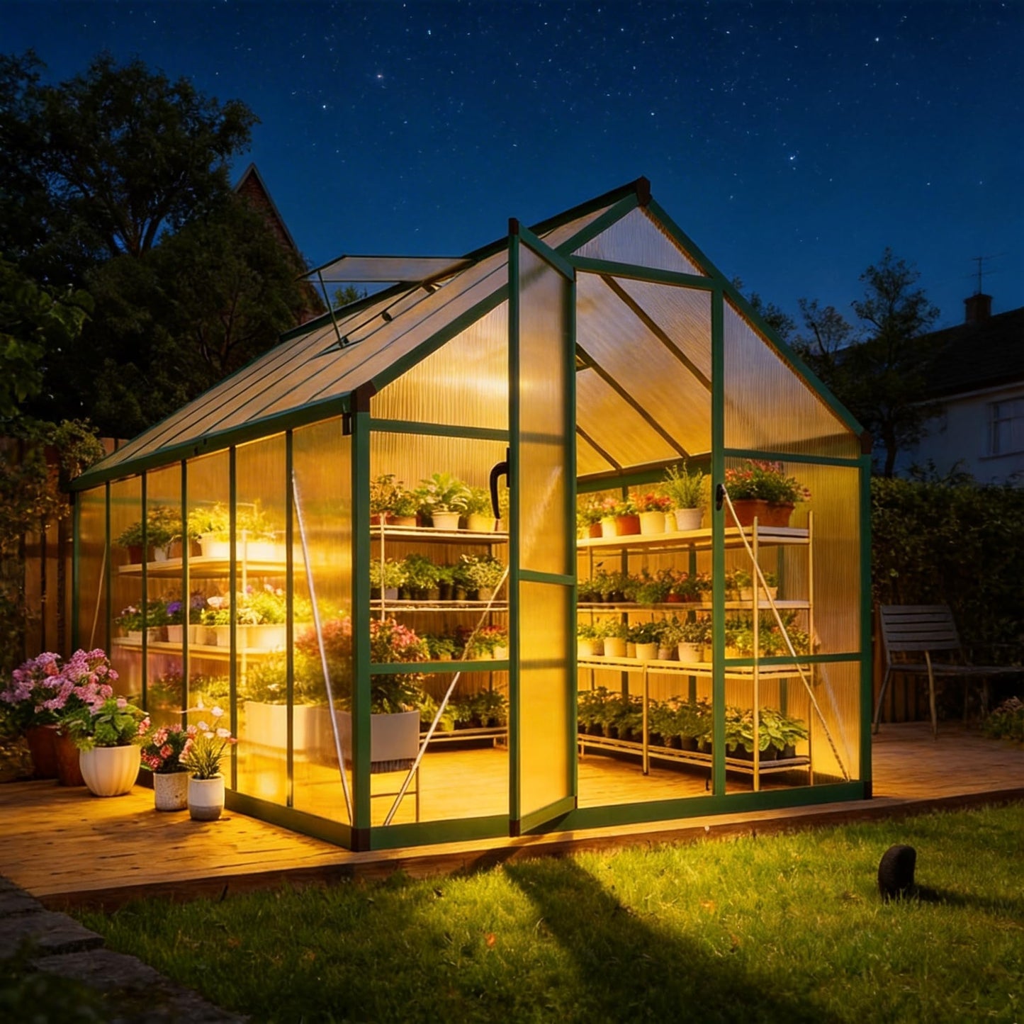 8x12 FT Polycarbonate Greenhouse for Outdoors, Aluminum Frame Green House with Lockable Door, Adjustable Roof Vent and Rain Gutters for Backyard, Garden, Patio