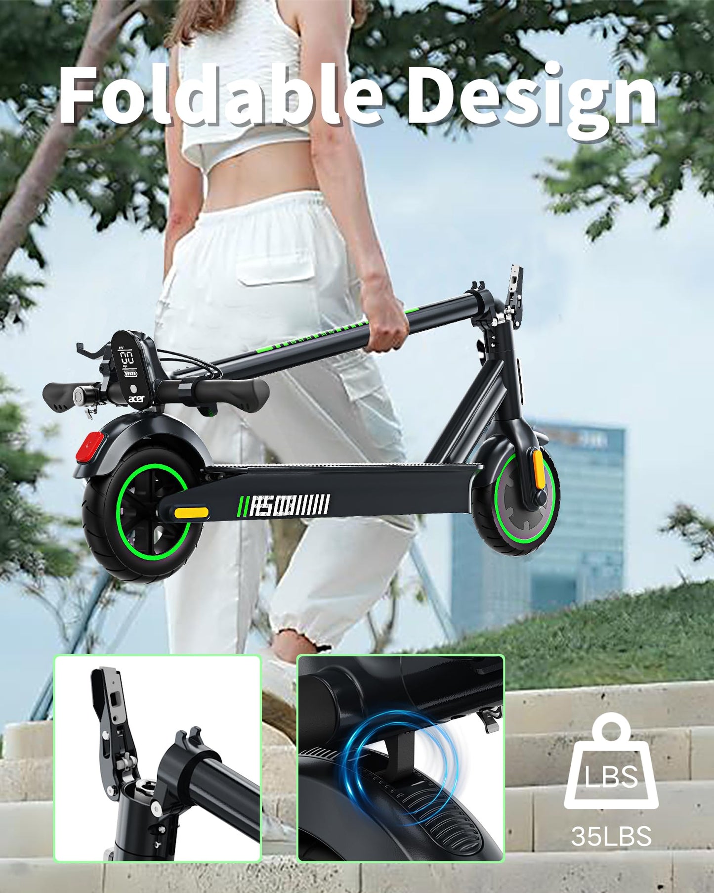 acer Electric Scooter for Adults, 500W Peak Motor, Max Speed 15.5MPH, 20 Mile Long Range, 8.5” Soild Tires, Double Brake System Folding E-Scooter Commuter (ES Series 3)