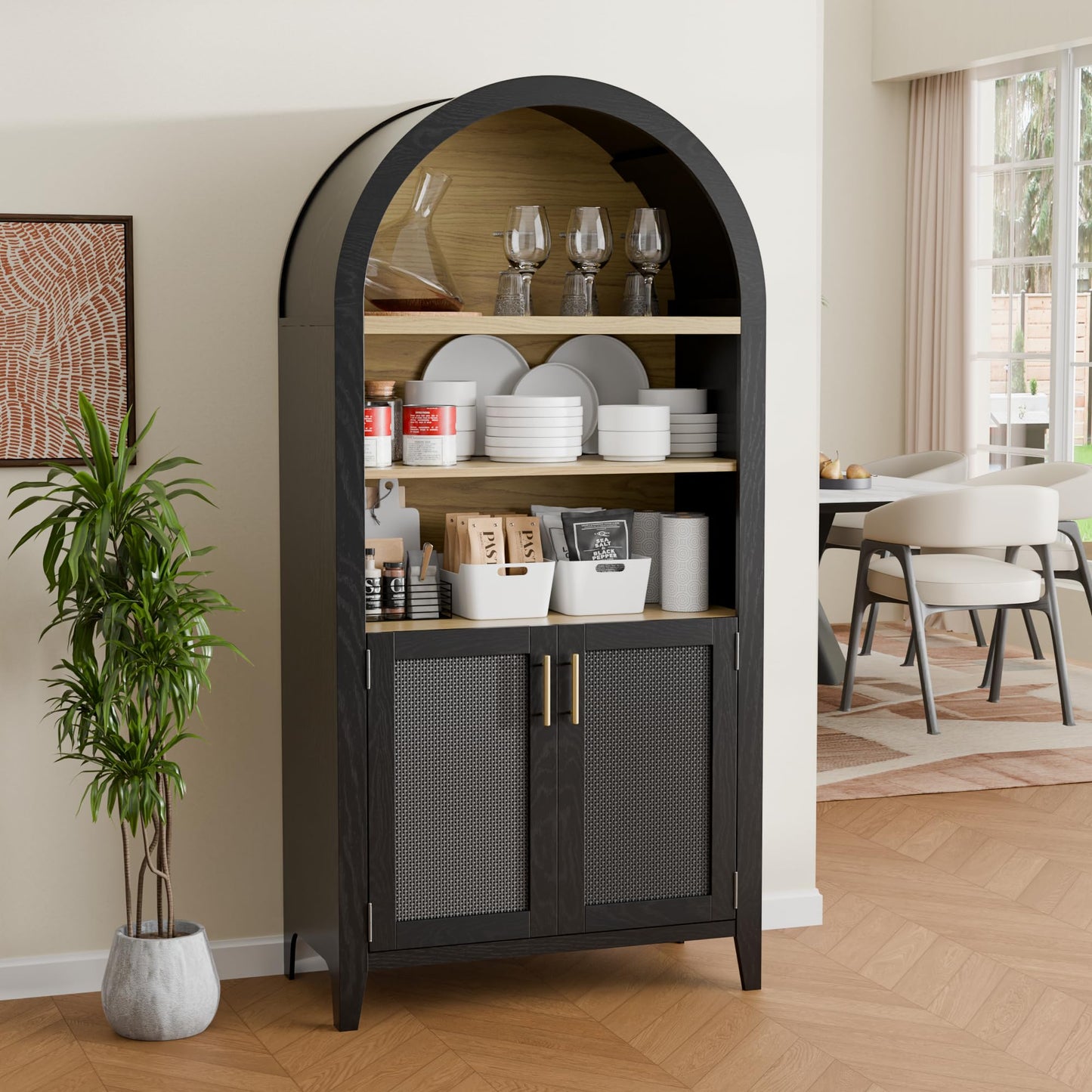 Topcomfy 63" Arched Bookshelf with Rattan Doors, Mid Century Modern Bookcase with Adjustable Shelves, 5-Tier Wood Storage Display Cabinet for Living Room, Home Office, Black