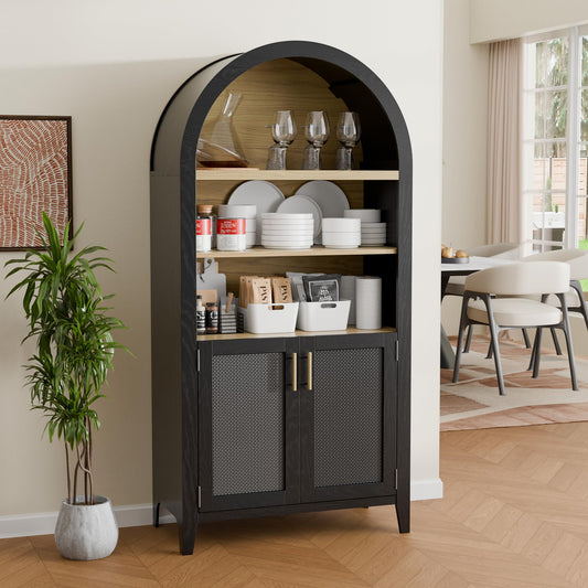 Topcomfy 63" Arched Bookshelf with Rattan Doors, Mid Century Modern Bookcase with Adjustable Shelves, 5-Tier Wood Storage Display Cabinet for Living Room, Home Office, Black