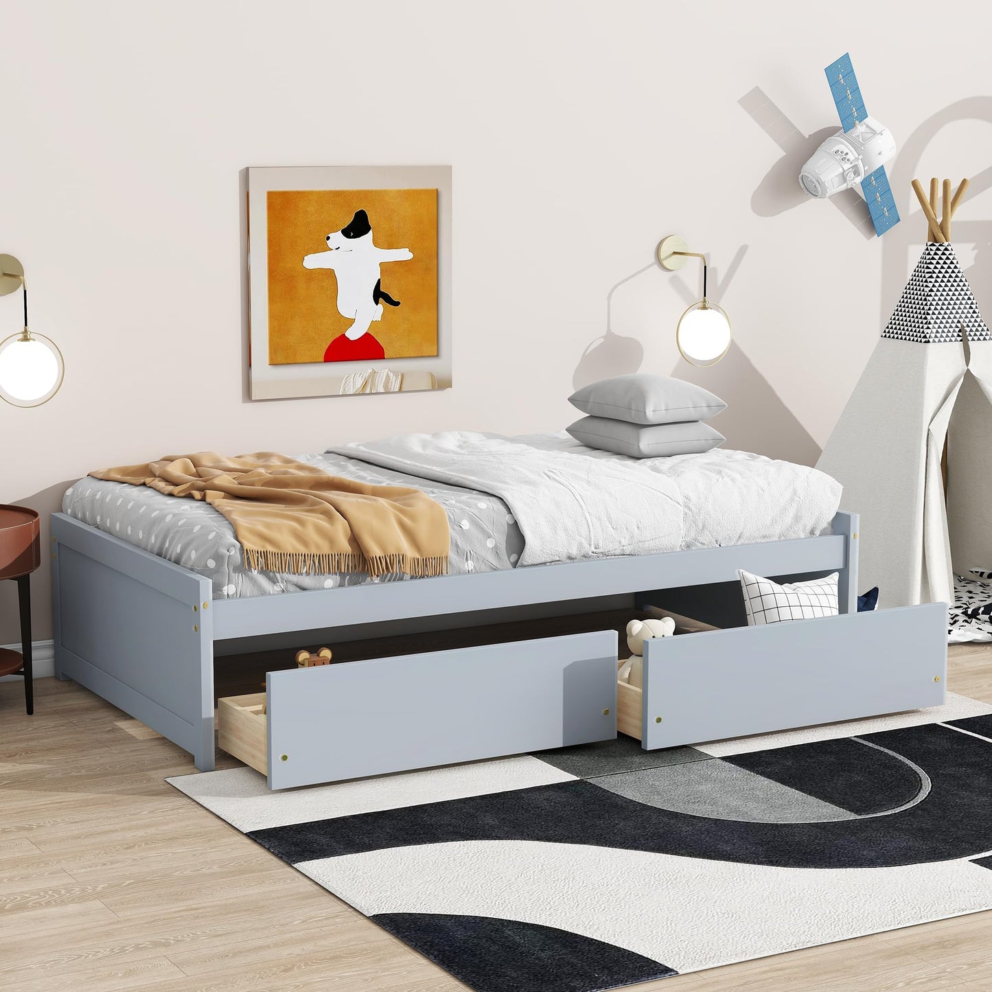Twin Size Bed with Storage Drawers,Solid Rubber Wood Platform Bed Frame with 2 Pull-Out Drawers on Wheels,Wooden Beds for Kids Room Guest Room Bedroom,No Box Spring Needed,Easy Assembly,Grey