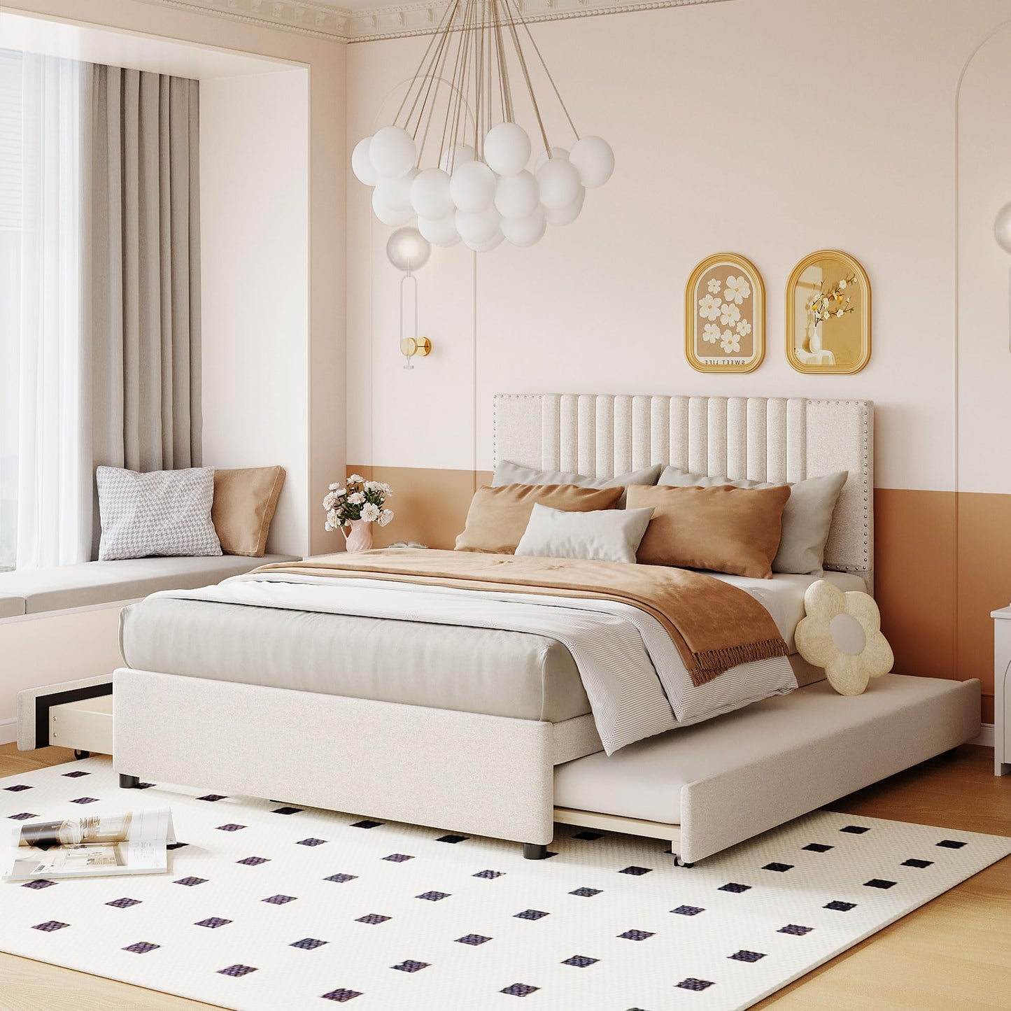 DNYN Full Size Upholstered Platform Bed with Trundle(Twin) & 2 Drawers for Kids Bedroom,Wooden Linen Fabric Bedframe w/Storage & Classic Heardboard,No Box Spring Needed, Beige