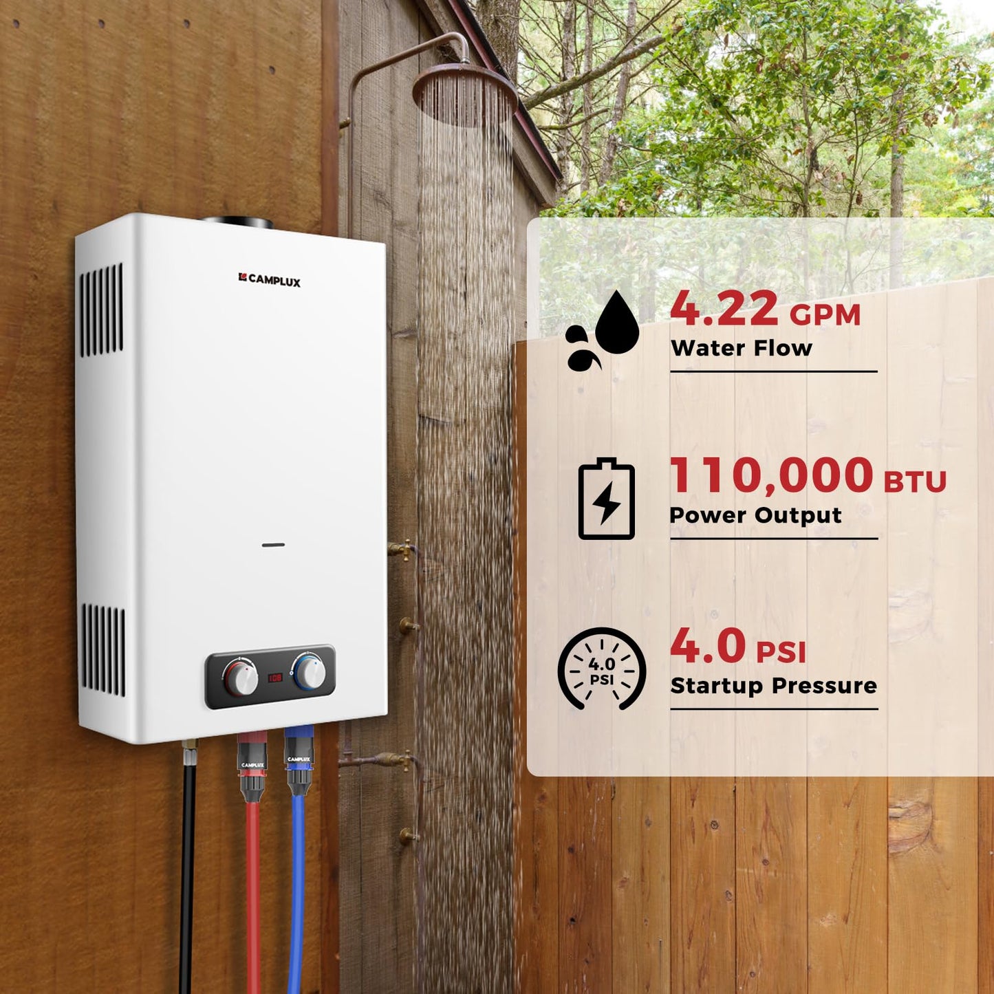 CAMPLUX 4.22 GPM Tankless Water Heater Propane, Propane Water Heater Outdoor, for Camping, Off Grid, Cabins, 110,000 BTU, BD422