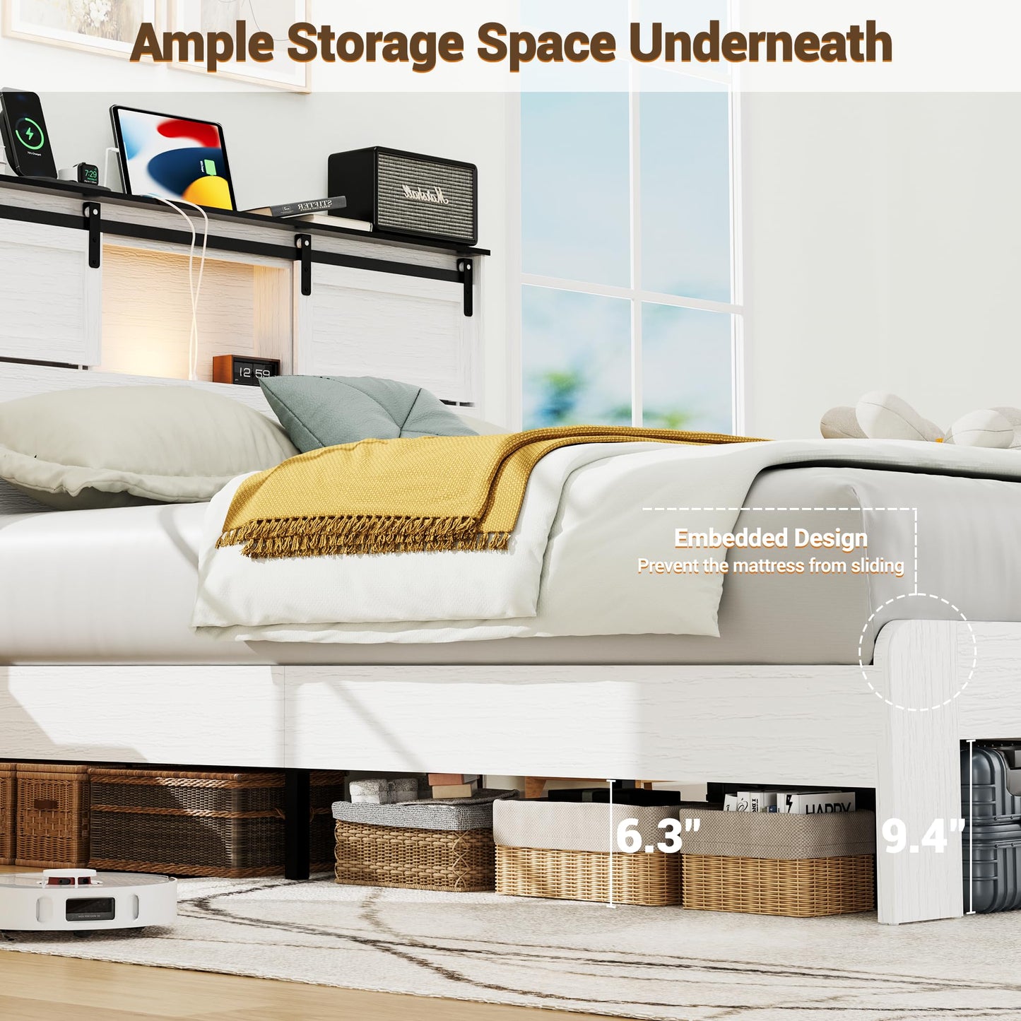 DNYN Farmhouse Platform Bed Frame with Storage Headboard and Dual USB Ports
