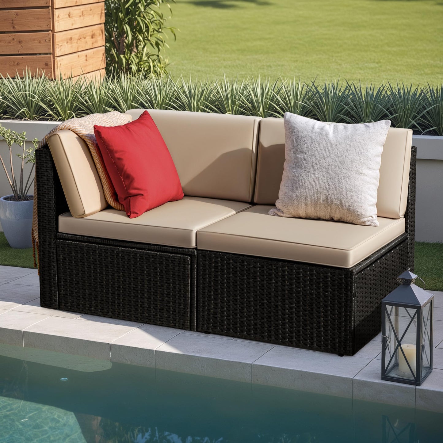 Greesum 2-Piece Patio Conversation Set Wicker Rattan Furniture Outdoor Sofa with Cushions,Pillows for Porch,Lawn and Yard, Beige