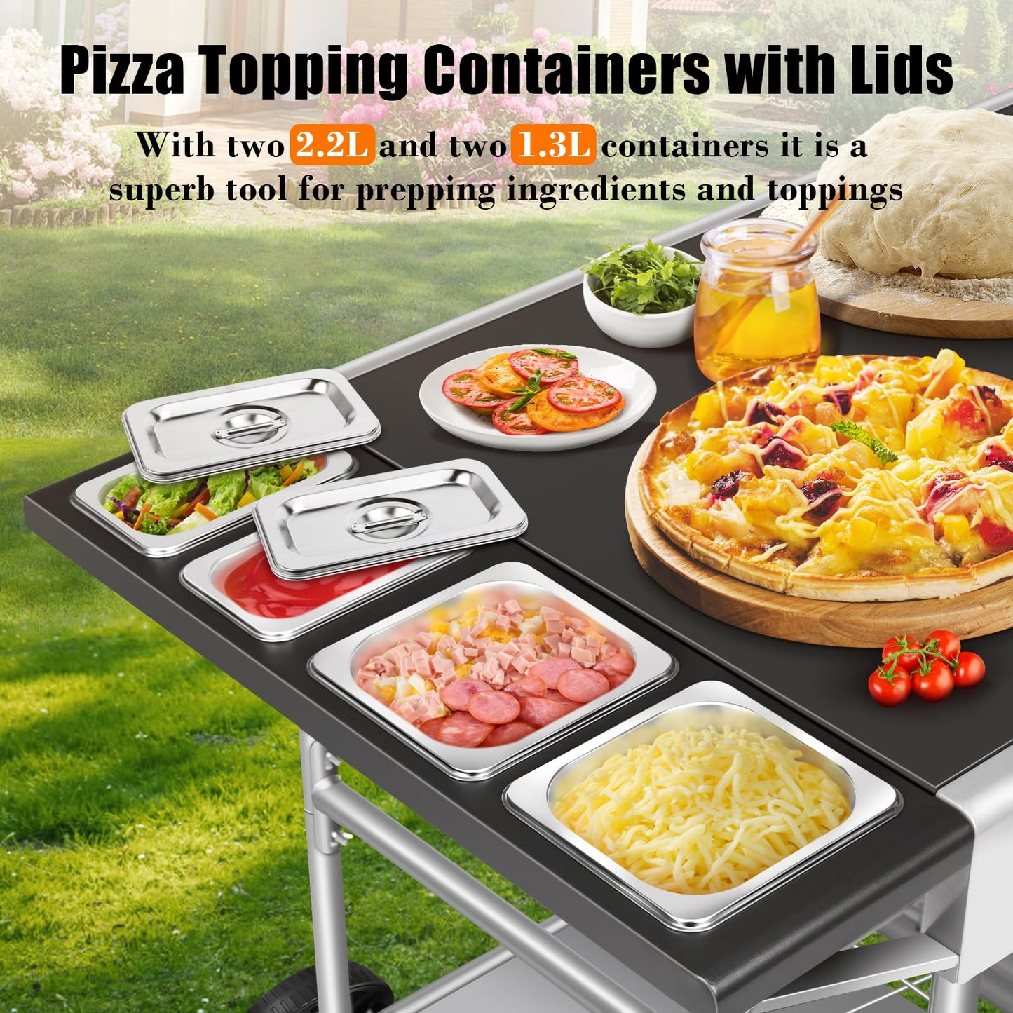 GRILL FORCE 50"x 25" Pizza Oven Table,Outdoor Pizza Cart with Topping Station Grill Table Stand with Wheels for Ninja, Blackstone Griddle, Ooni, Gozney, Cuisinart.