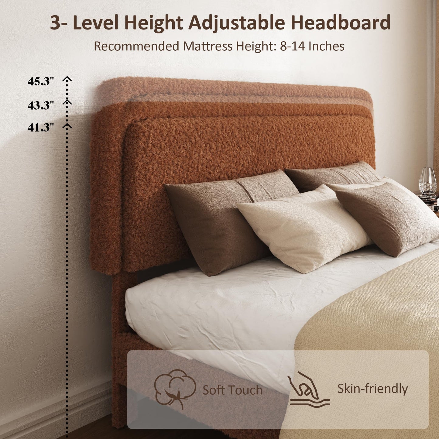 JULYFOX Boucle Upholstered Bed Frame with Adjustable Headboard Height, No Box Spring Needed, Noise Free Platform Bed Frame, Teddy Soft Fabric Bed Base, 1000 Lbs Heavy Duty Support (Brown, King)