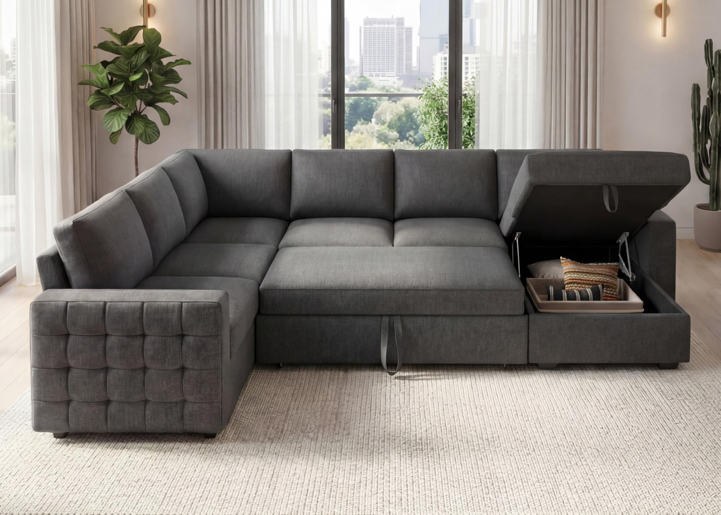 Leathaire 111 Inch Sectional Sleeper Sofa with Pull Out Bed, U Shaped 6 Seat Modular Sectional Couch with Storage for Living Room, Light Grey