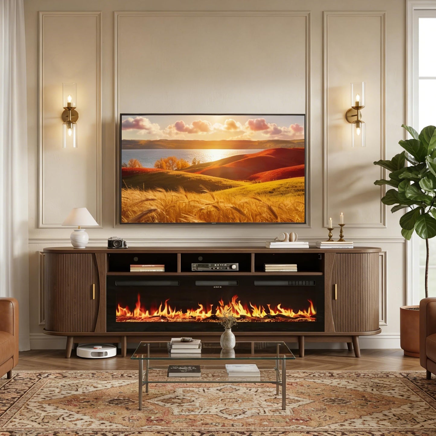 MXV 97" TV Stand with 60" Electric Fireplace, Mid Century Modern Fireplace TV Stand with Sliding Doors & Adjustable Shelves, Large TV Console for Living Room, Walnut
