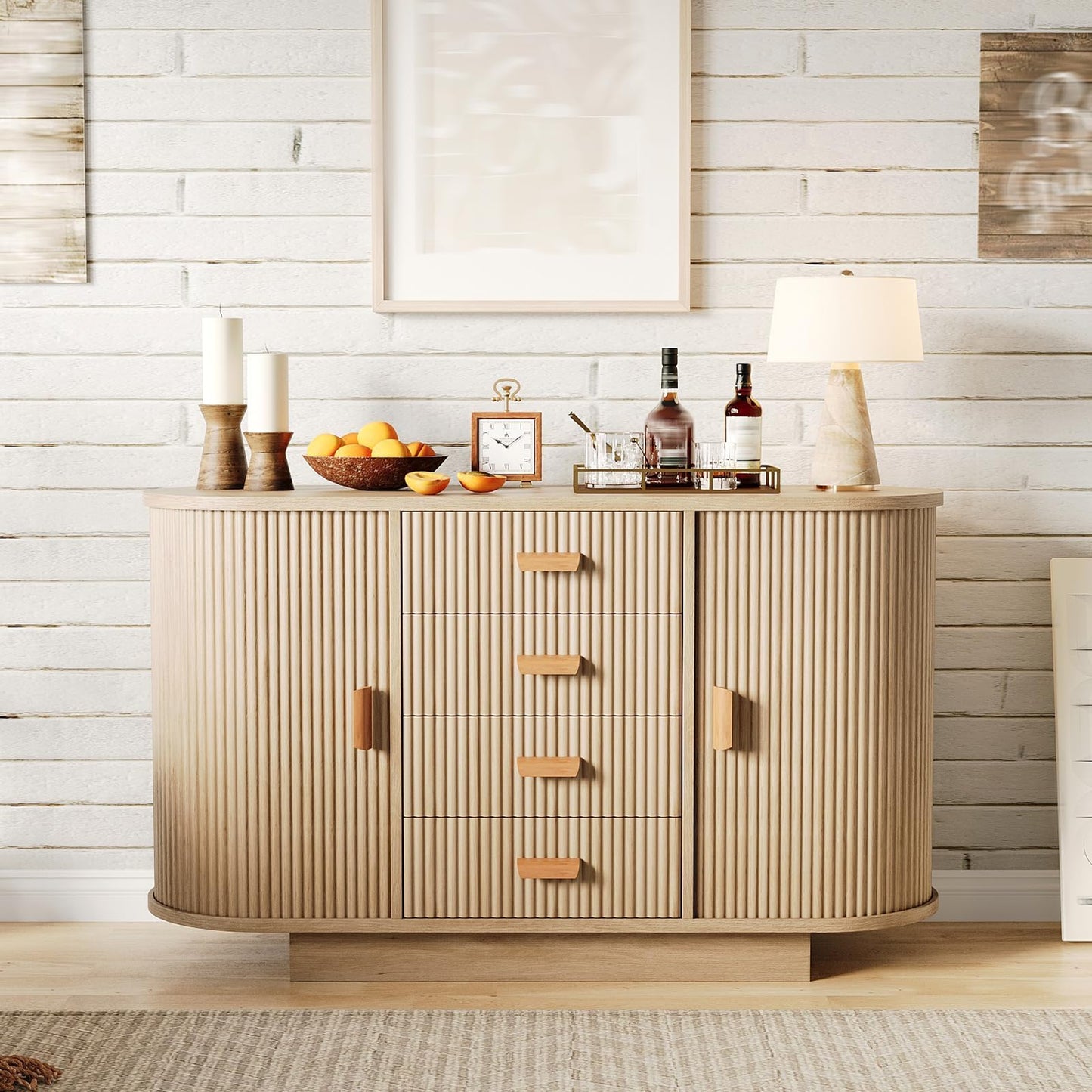 47" Fluted Sideboard Buffet Cabinet with 4 Drawers and 2 Arched Sliding Doors, Coffee Bar Storage Console Cabinet,Multi-Functional Coffee Bar Cabinet, Accent Table for Dining Living Room, Natural Oak