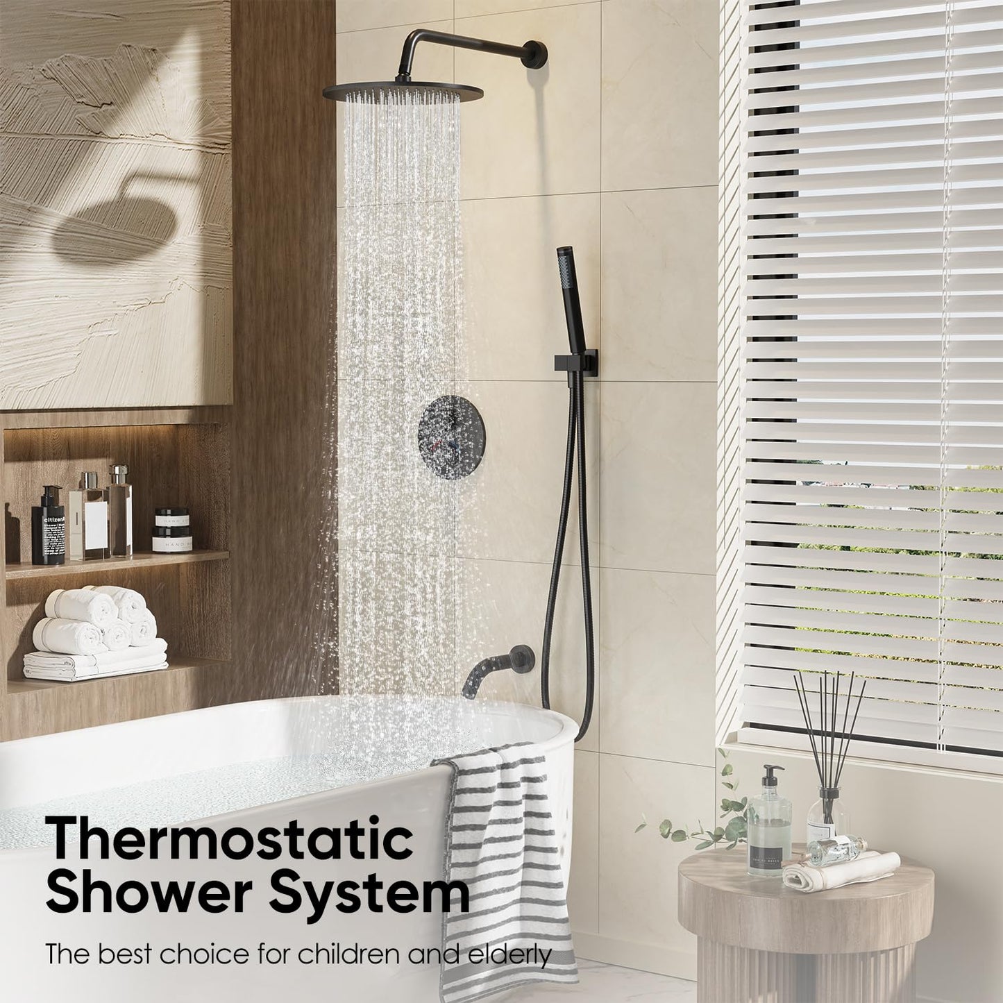 Gabrylly Thermostatic Shower System with Tub Spout, All Metal Bathtub Shower Faucets Set with Anti Scald Shower Valve, High Pressure 10" Rain Shower head with Handheld Spray Combo, Matte Black