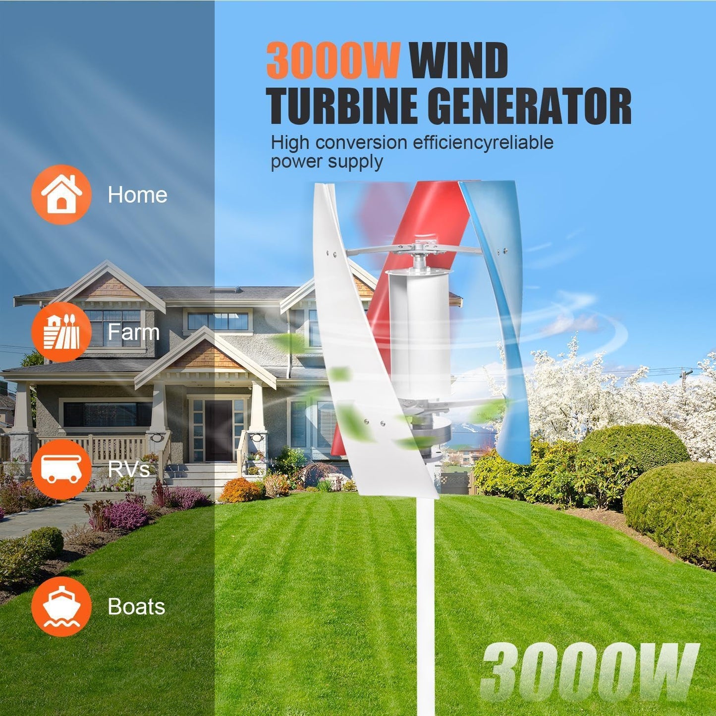 3000W Wind Turbine Generator Kit,12V/24V Vertical Axis Wind Turbine,Maglevs Winds Generator With Controller,Quiet 3 Leaves Small Household Windmill For Boats, Terraces, Cabins, Home,Industrial Energy