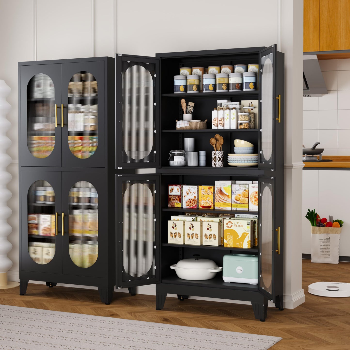 GAIOUS 63" Tall Steel Corner Cabinet, Metal Storage Cabinets with 4 Doors and 3 Shelves, Pantry Cabinets with 6 Door Panel Shelves, Farmhouse Cupboard for Kitchen Dining Room Hallways, Black