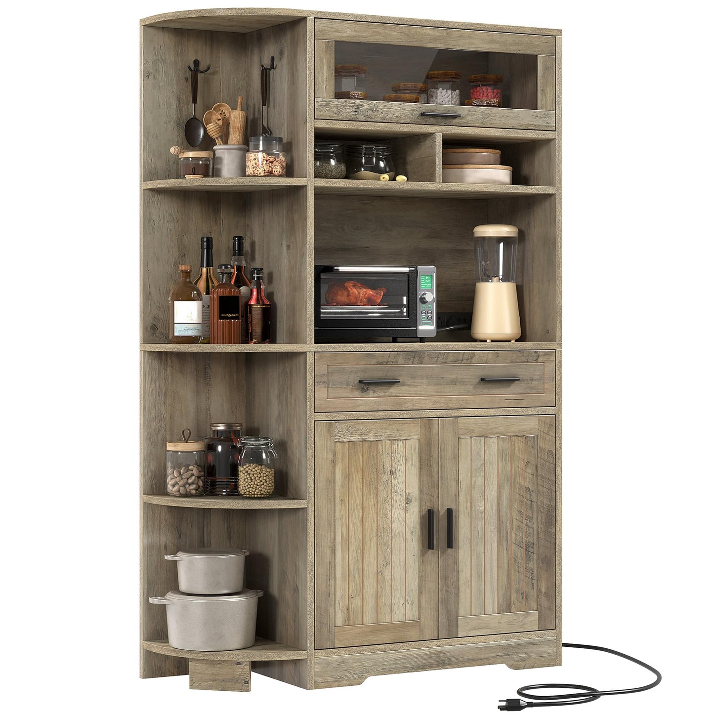 DWVO Farmhouse Kitchen Pantry Cabinet, 67" Bakers Rack w/Storage Cabinet, Coffee Bar w/Charging Station, Buffet Sideboard, Microwave Stand, Hutch Cupboard for Dining Room Kitchen Living Room(Ash Gray)