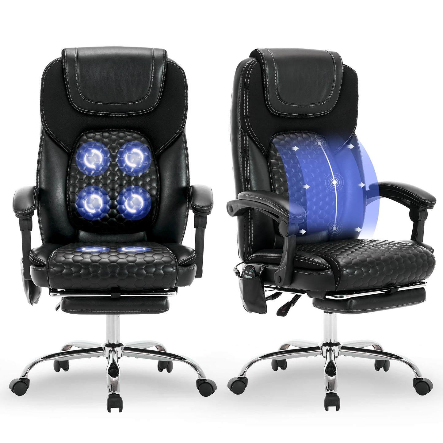 MALOL Massage Office Chair with Heat and Footrest - 3-Level 65°C Targeted Heating, 20-Min Assembly Leather Desk Chair, Big and Tall Executive Computer Chair with Side Pocket, 300 lbs, Black,Set of 2