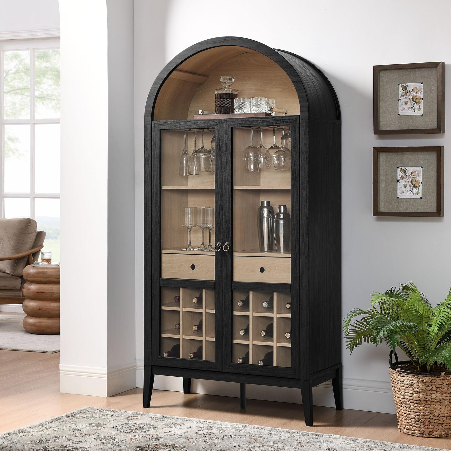Modway Nolan Modern Farmhouse Arched Bar Cabinet in Black Wood Grain - 72 Inch Tall Wine Storage Cabinet with Glass Doors and Wine Rack - Large Liquor Cabinet for Dining or Living Room